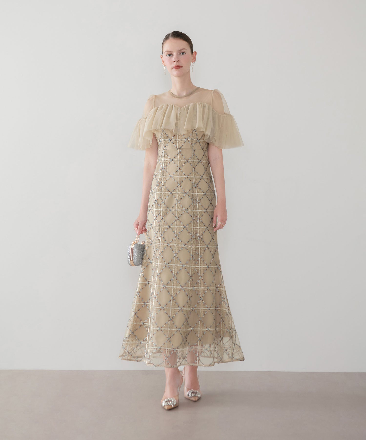 【COMING SOON】チェックシシュウチュールフリルマーメイドワンピースドレス