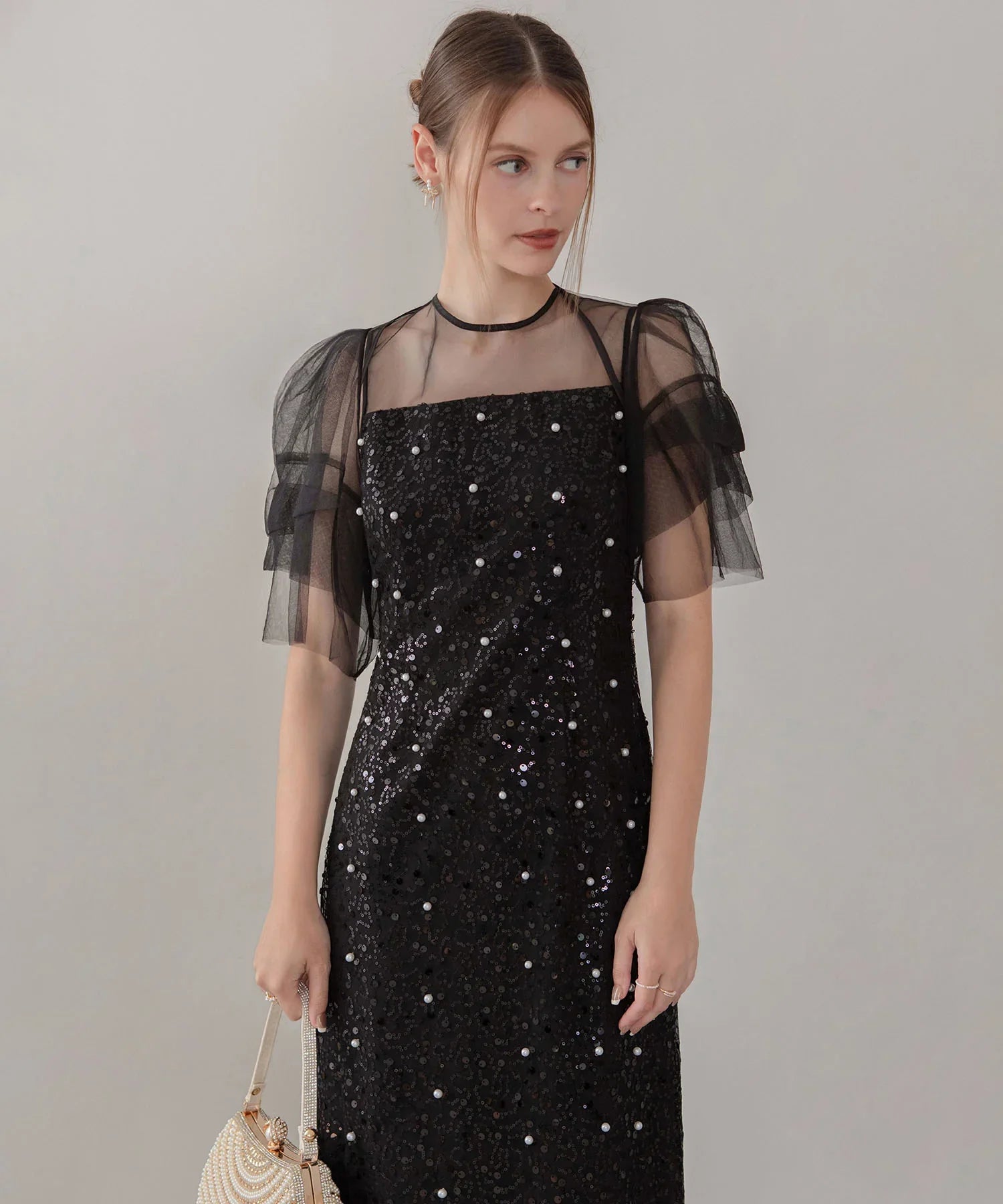 【当日発送】スパンコールパールミックスボレロIラインワンピースドレス