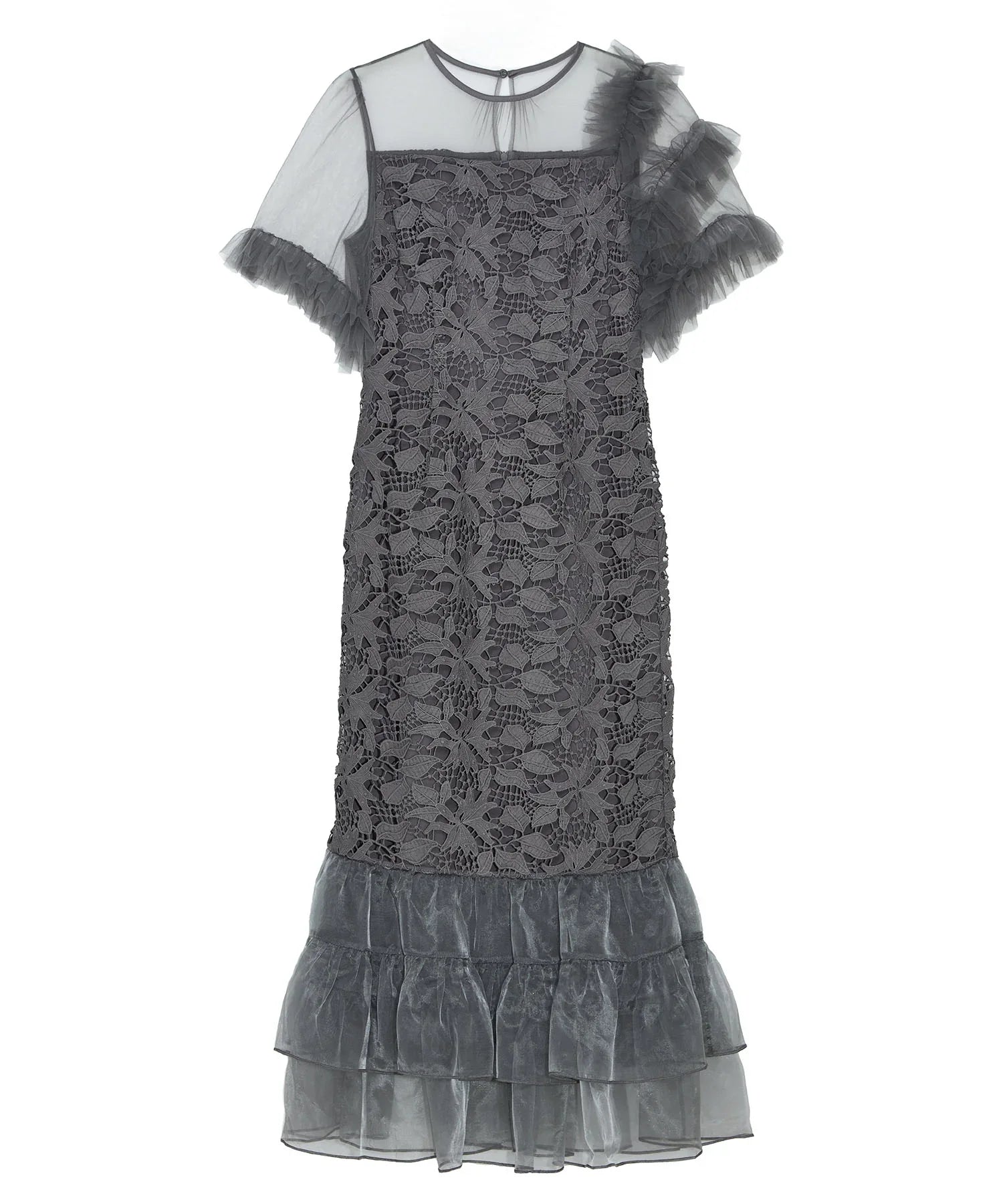 【当日発送】アシンメトリーチュールスリーブレースフリルヘムIラインワンピースドレス