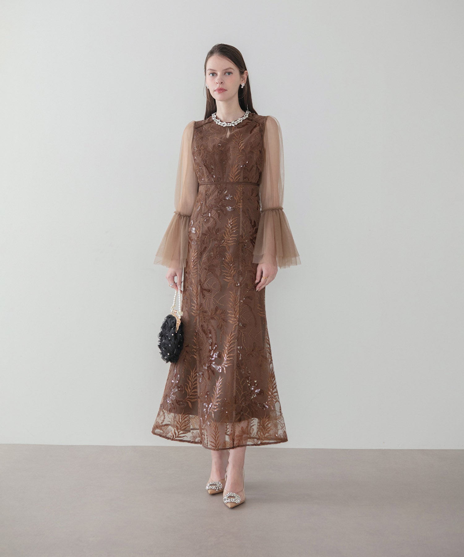 【当日発送】ビジューネックスパンコールチュールフレアスリーブマーメイドワンピースドレス