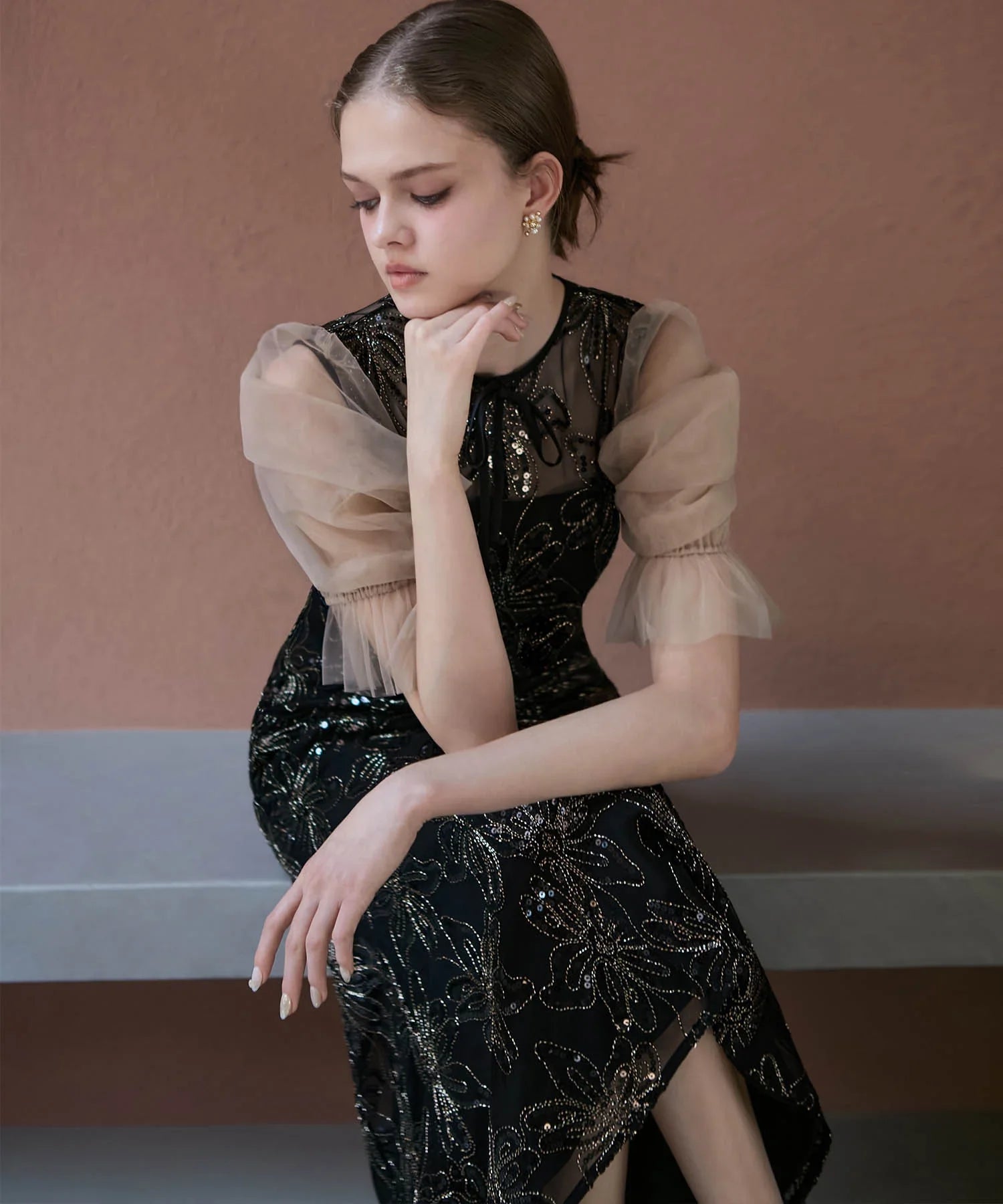 【予約販売】スパンコールフラワーリボンチュールワンピースドレス