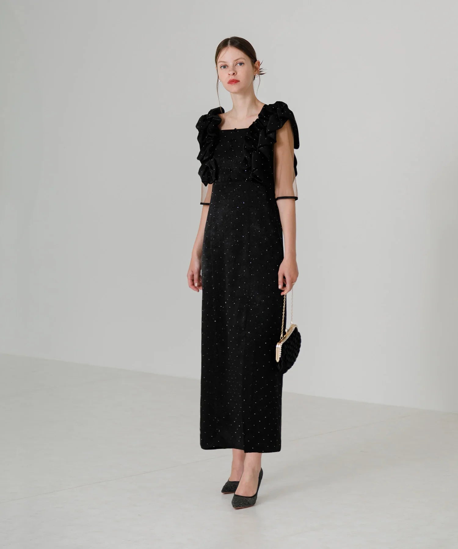 【当日発送】フリルショルダーストーンIラインワンピースドレス