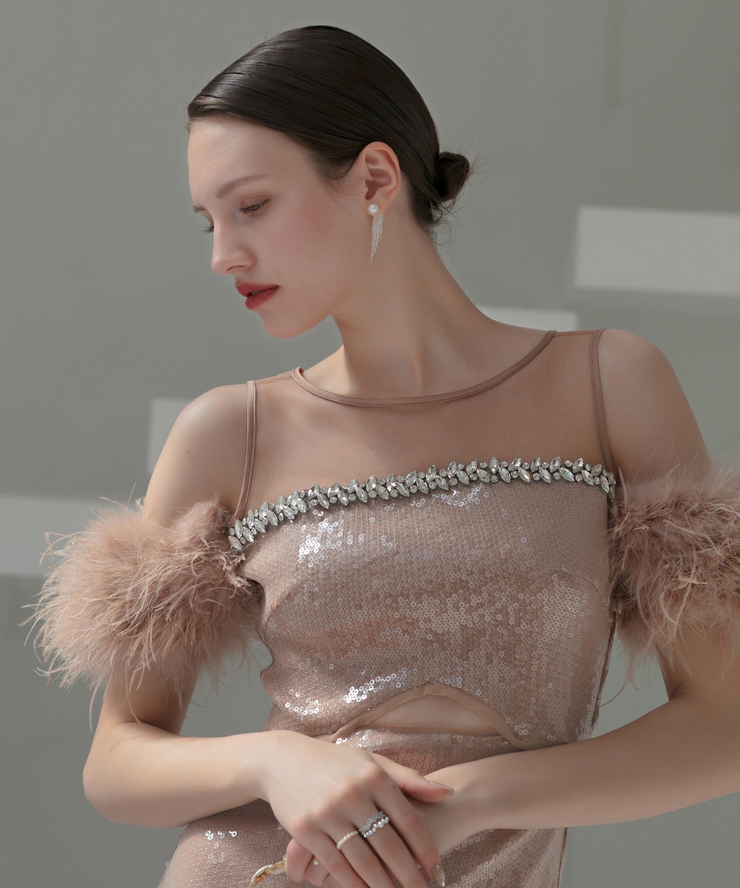 【LEJA LUXE】2WAYファースリーブスパンコールマーメイドドレス