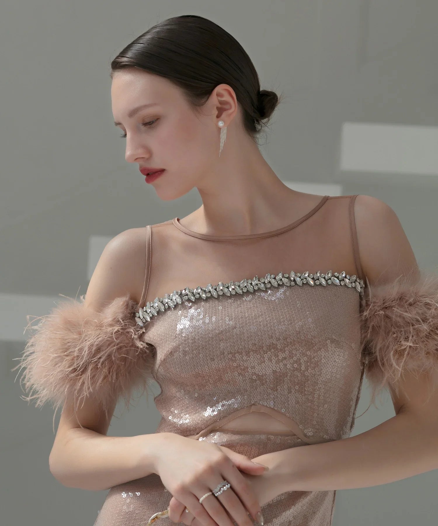 【LEJA LUXE】2WAYファースリーブスパンコールマーメイドドレス