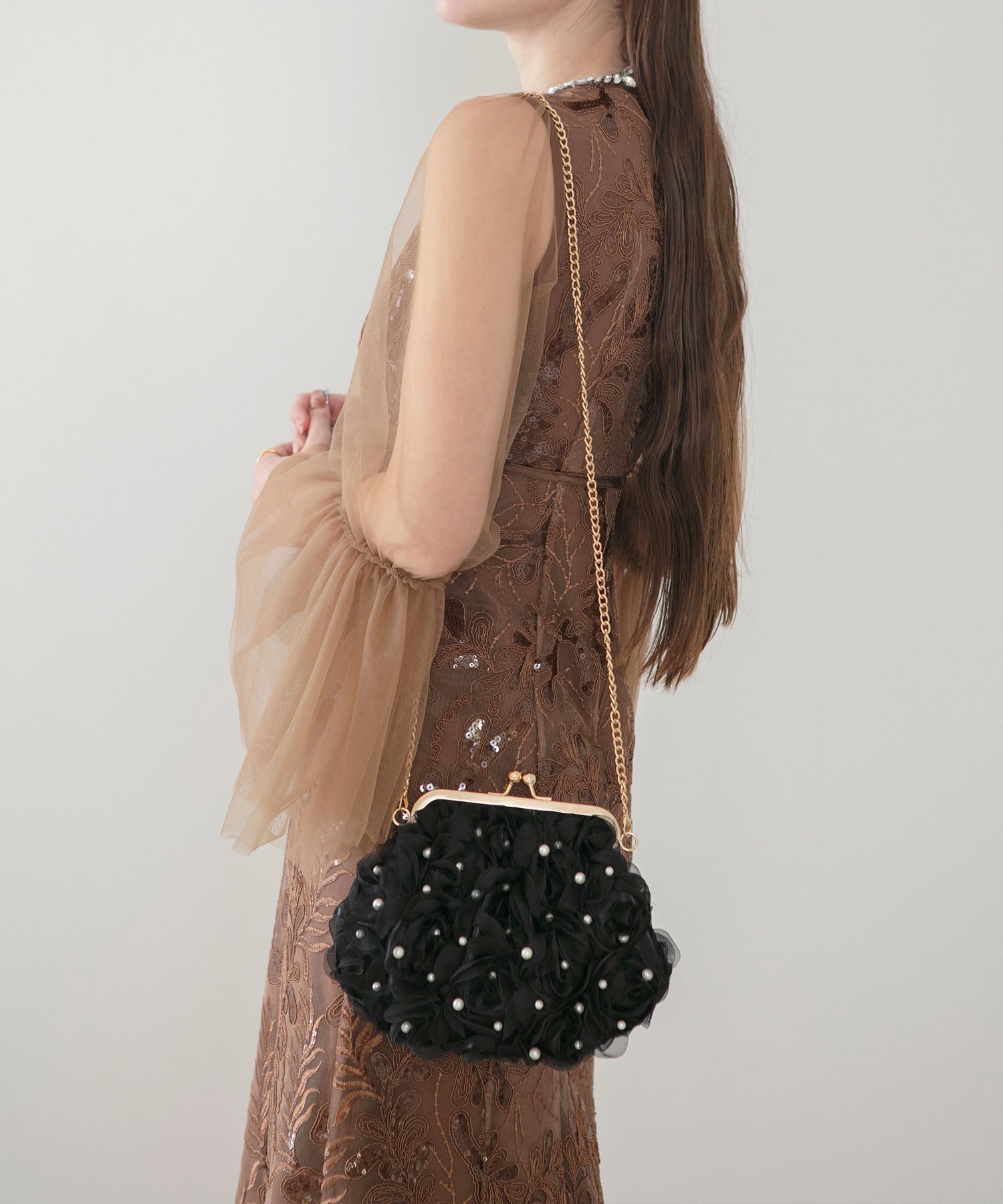 【当日発送】3WAYチュールフラワーパールリボンハンドルバッグ