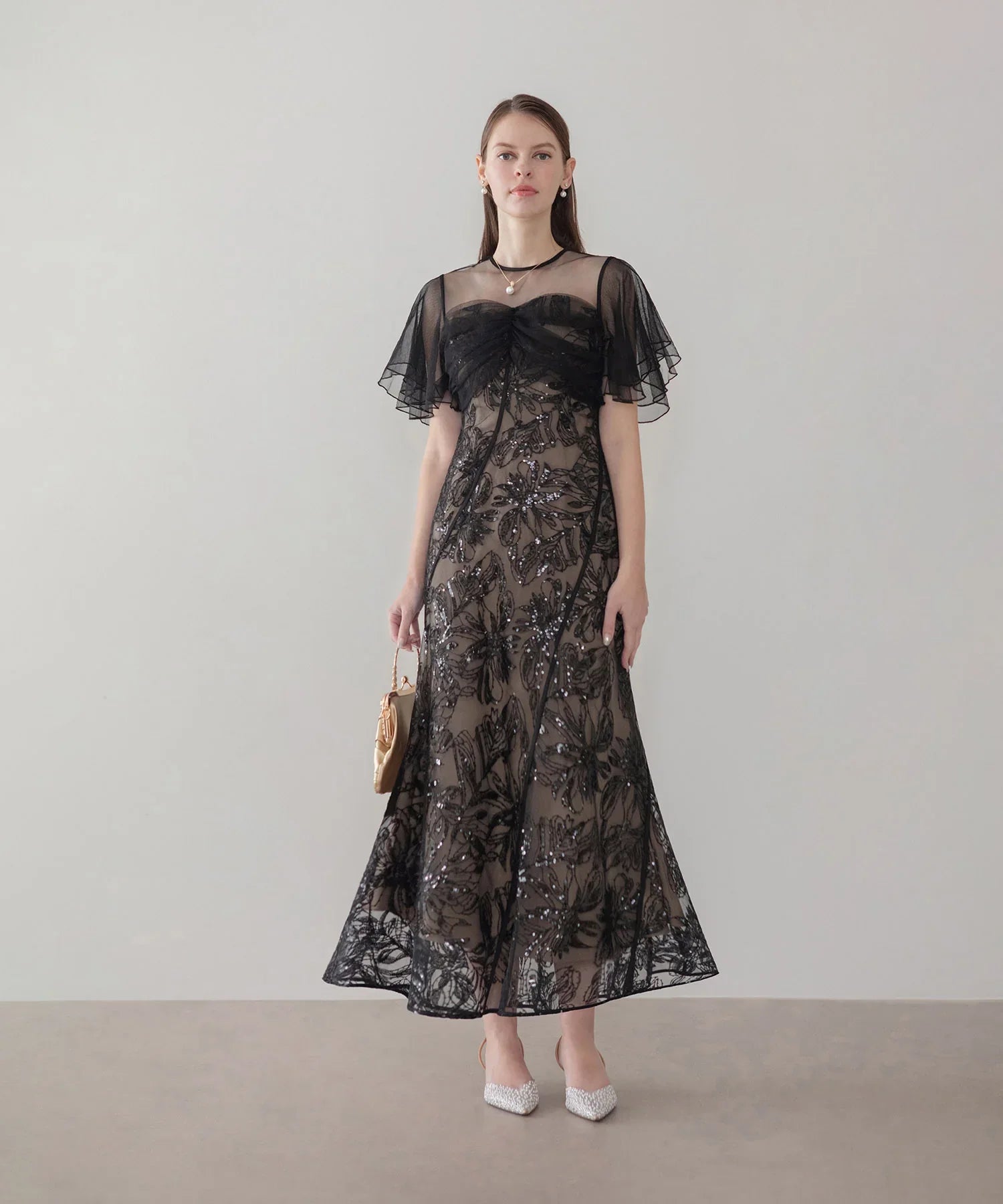 【当日発送】フラワースパンコールチュールフレアスリーブマーメイドワンピースドレス