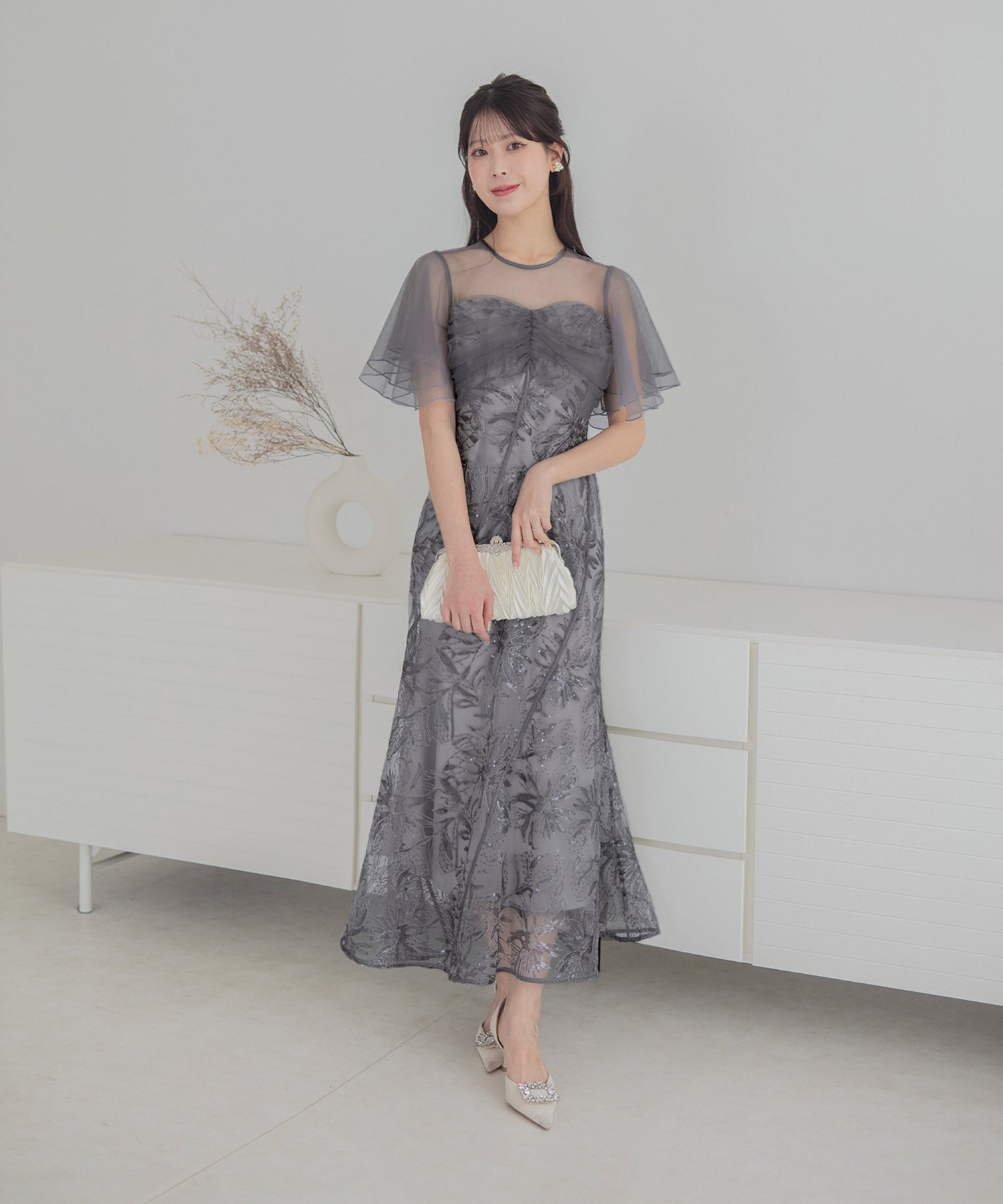 【予約販売】フラワースパンコールチュールフレアスリーブマーメイドワンピースドレス