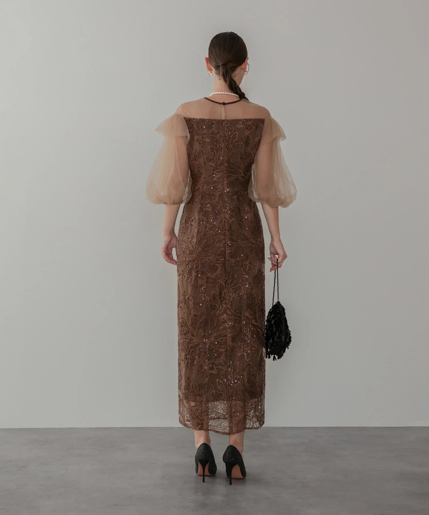 【一部当日発送】フラワースパンコールシアーフリルスリーブIラインワンピースドレス