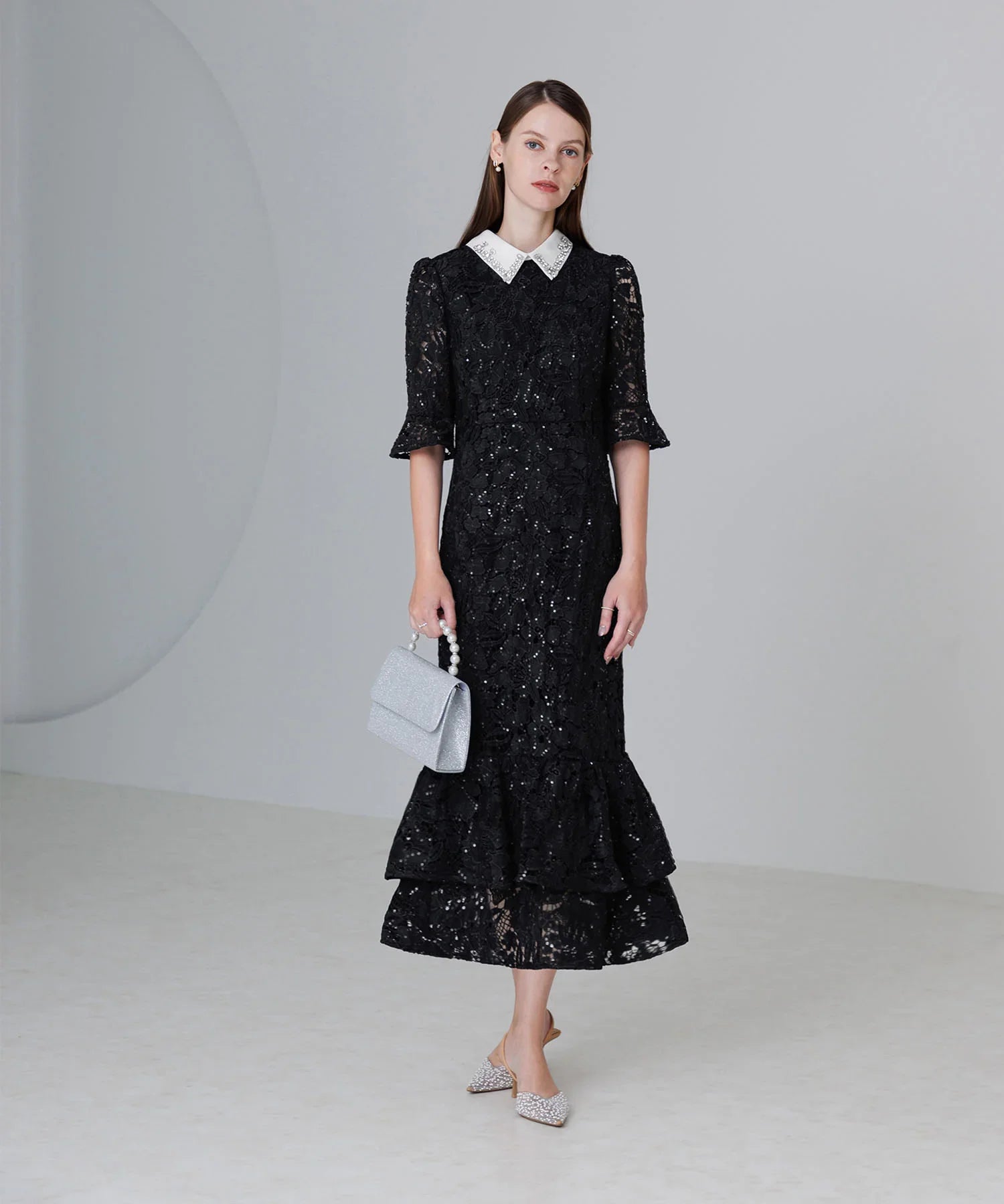 【当日発送】ビジューカラーフラワーフリルマーメイドワンピースドレス