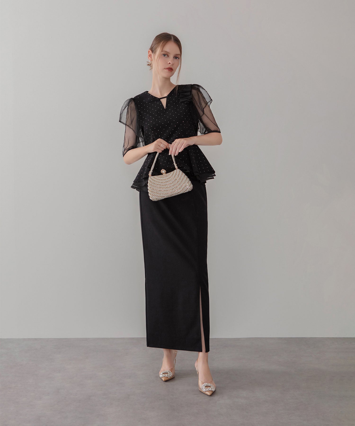 【当日発送】ドットストーンチュールペプラムセパレートIラインドレス