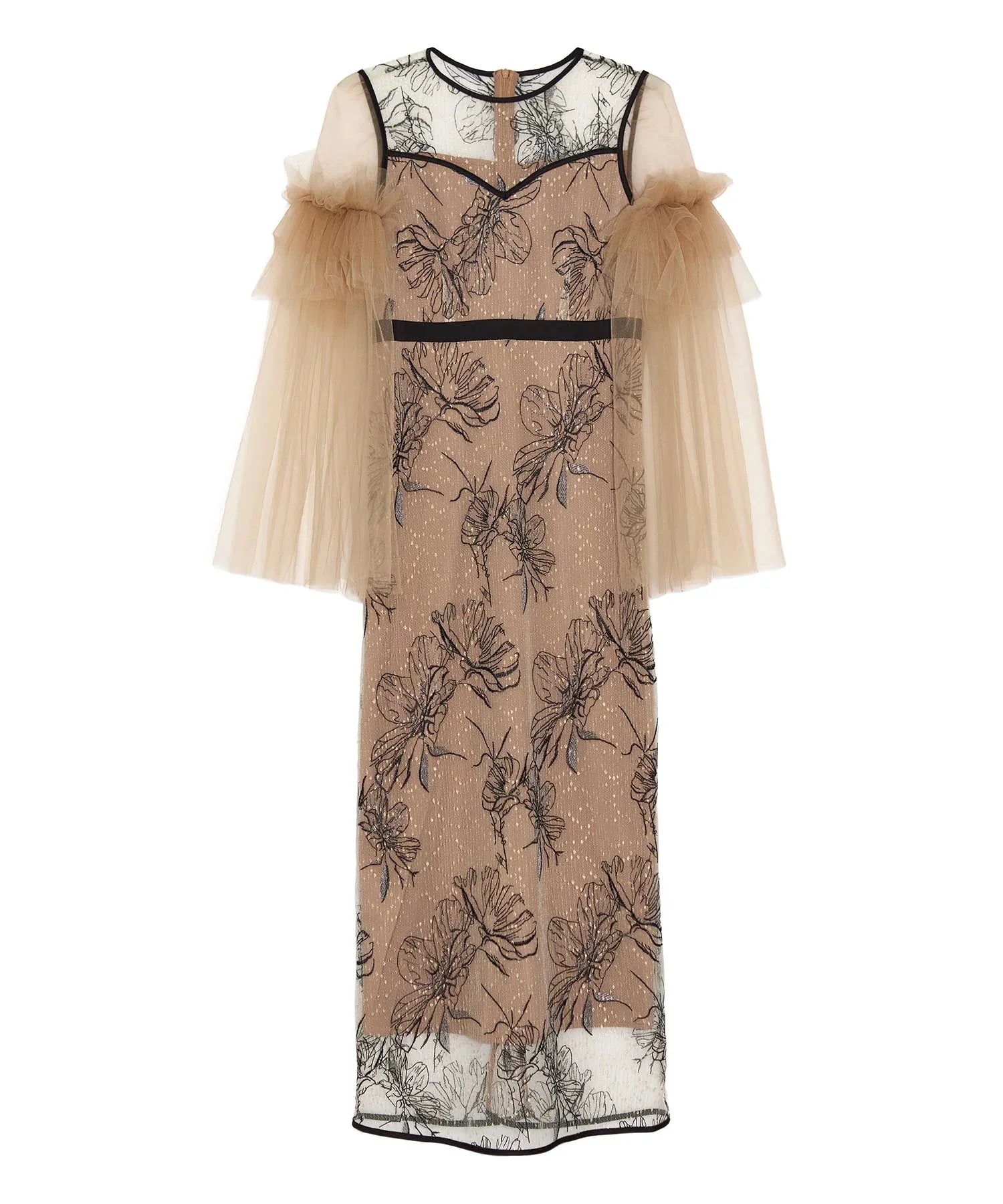 【当日発送】フラワーチュールフリルスリーブIラインワンピースドレス