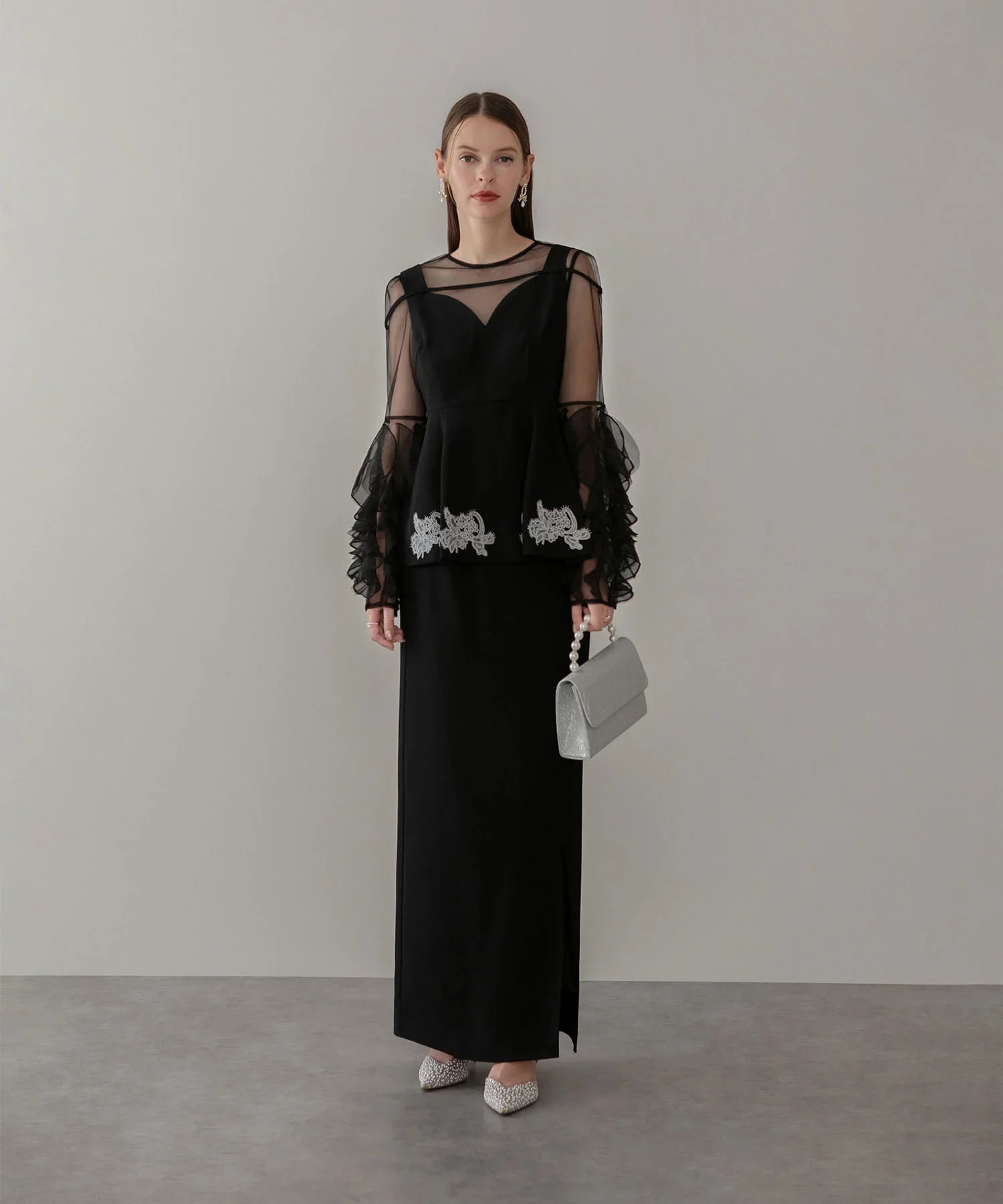 【当日発送】シアースリーブフリルペプラムタイトスカートセットアップドレス