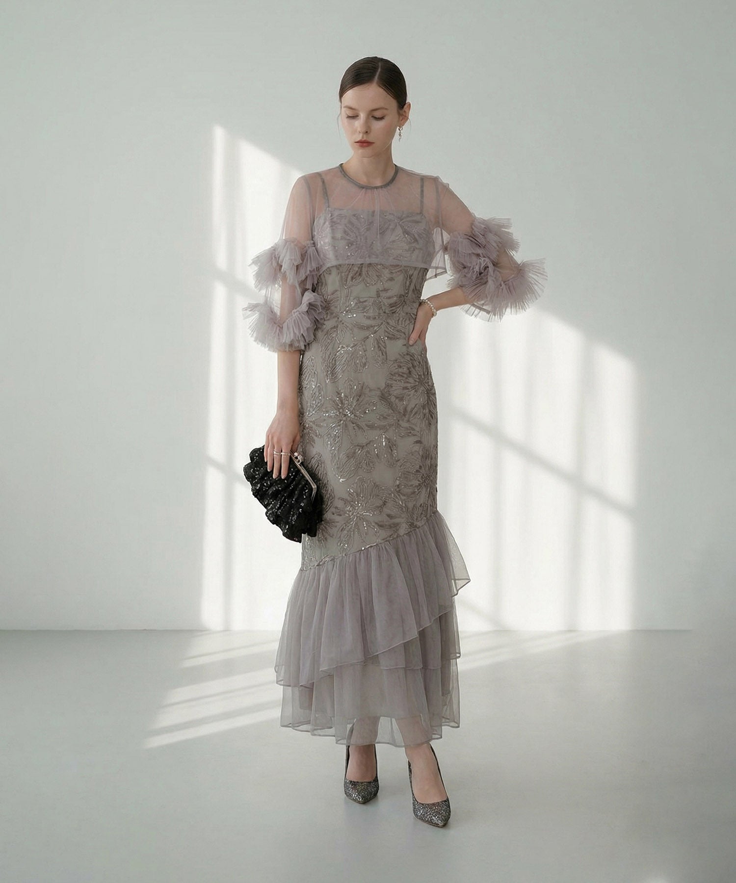 【予約販売】フラワースパンコールチュールフリルスリーブIラインワンピースドレス