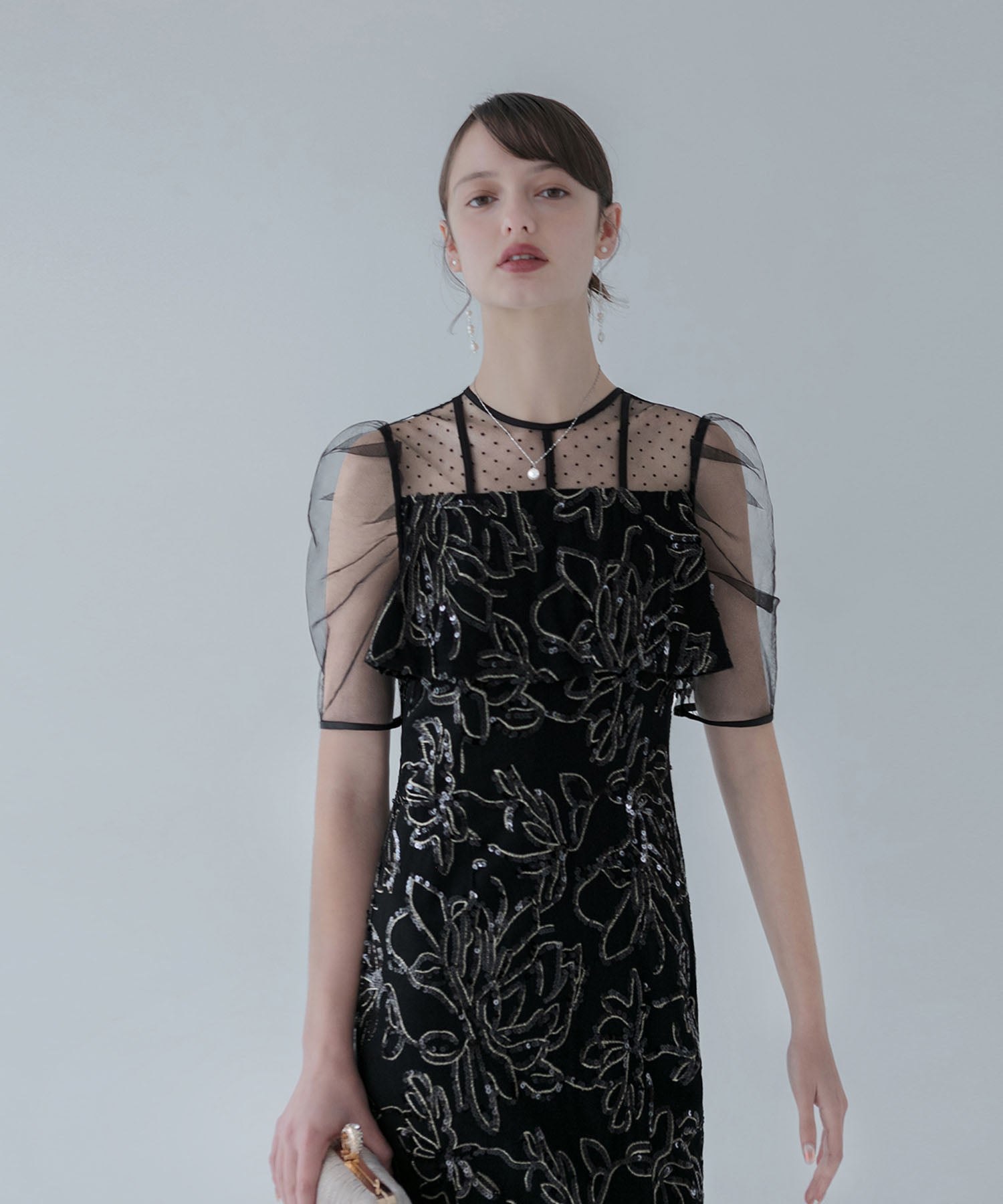 【当日発送】ドットチュールフラワースパンコールIラインワンピースドレス