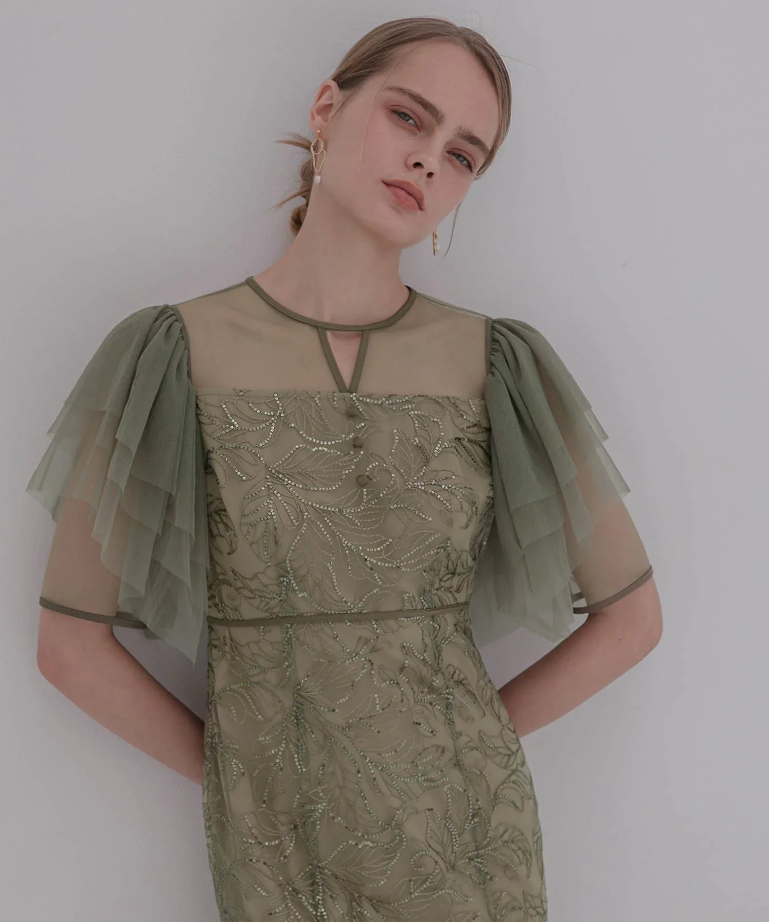 【当日発送】チュールスリーブボタニカルマーメイドワンピースドレス