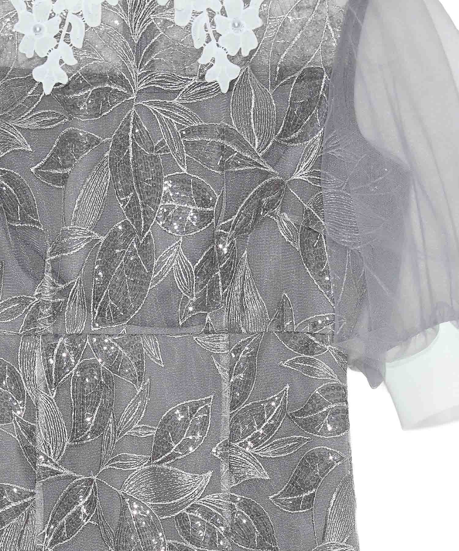 【当日発送】レースカラーリーフスパンコールパフスリーブIラインワンピースドレス