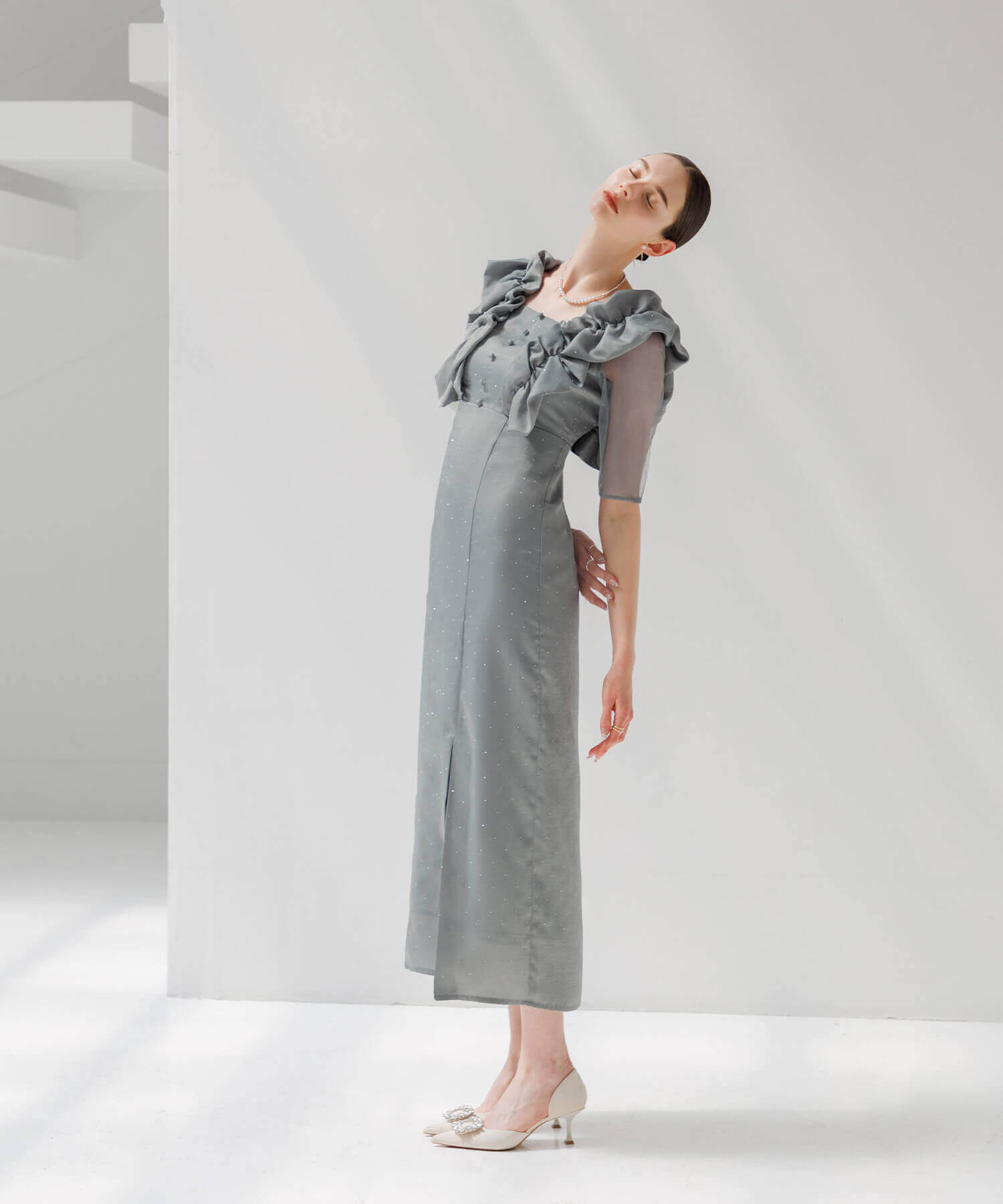 【当日発送】フリルショルダーストーンIラインワンピースドレス