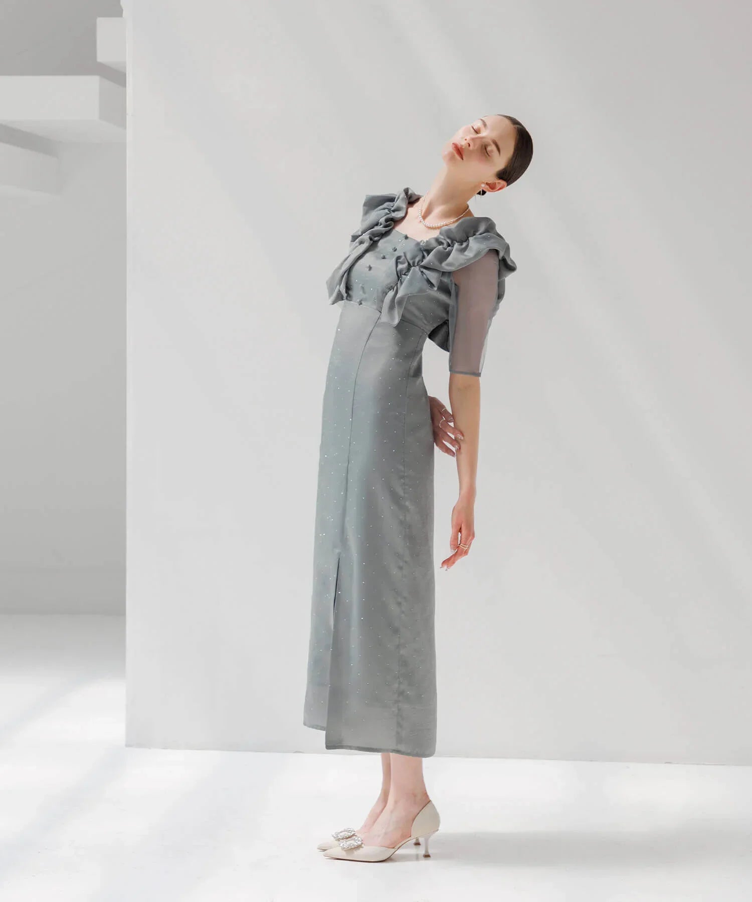 【当日発送】フリルショルダーストーンIラインワンピースドレス