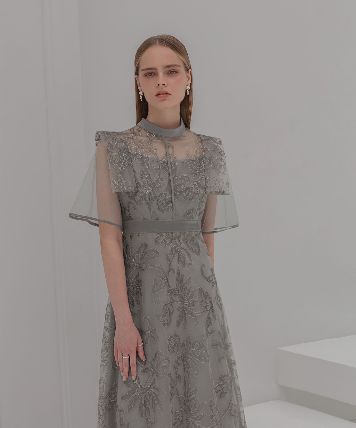 【一部当日発送】フラップデザインフラワースパンコールAラインワンピースドレス