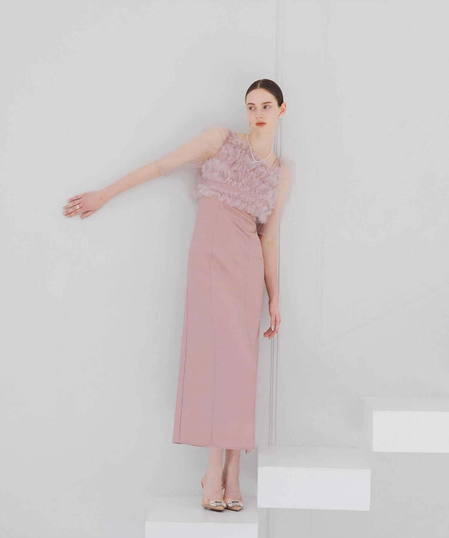 【SOLD OUT】チュールアシンメトリーティアードフリルIラインワンピースドレス