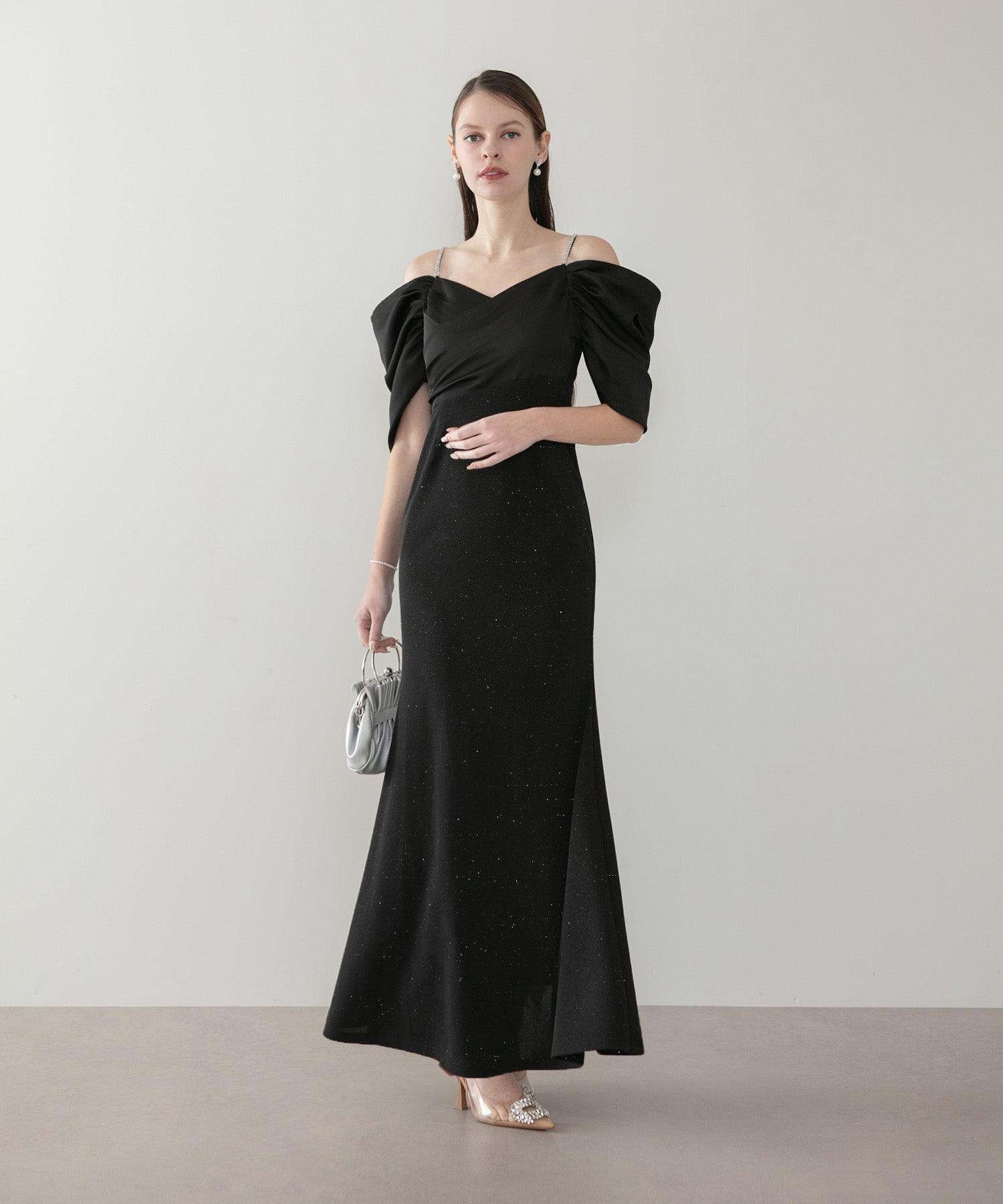 【当日発送】ビジューストラップタックオフショルダーマーメイドワンピースドレス