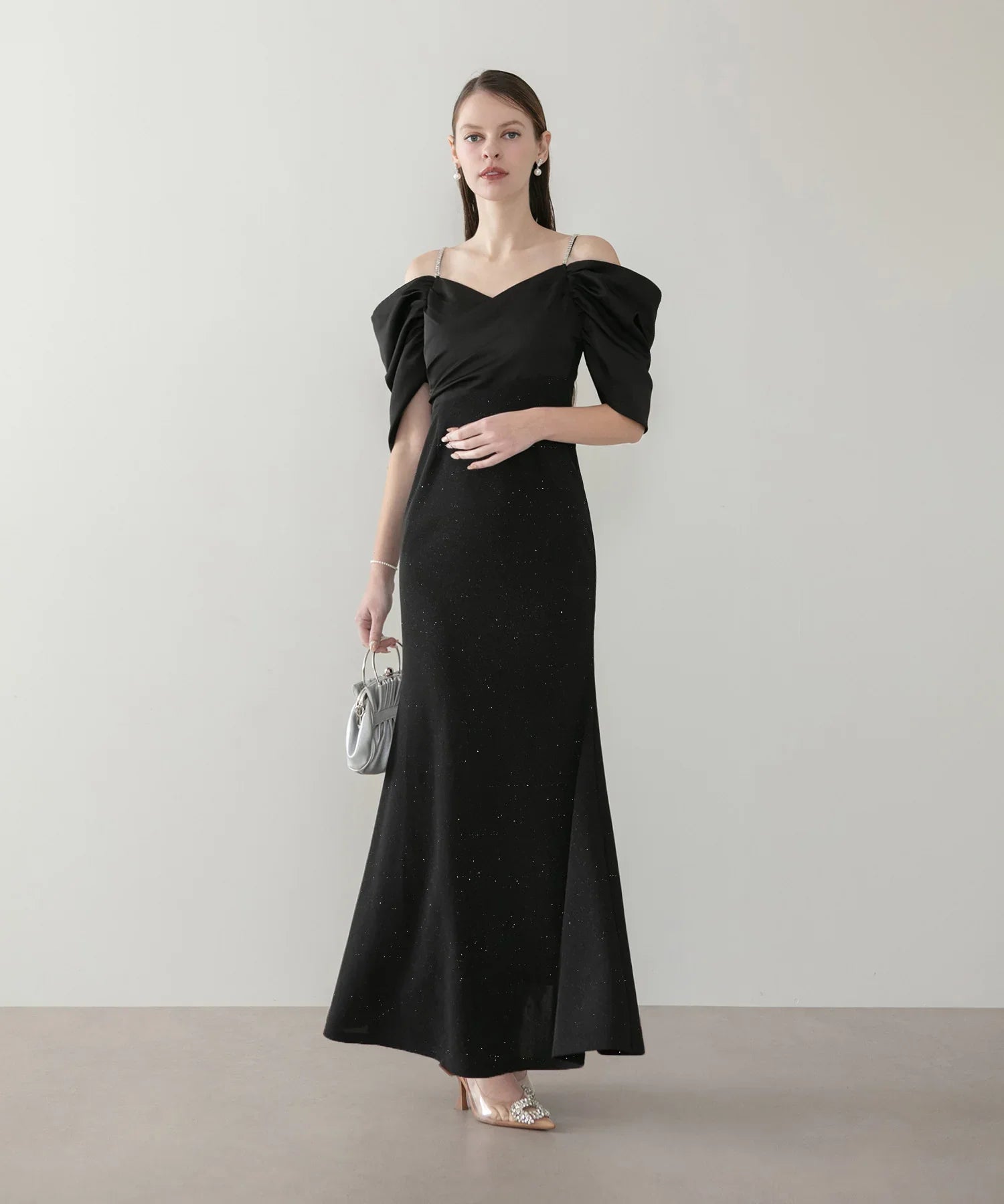 【LEJA LUXE】ビジューストラップタックオフショルダーマーメイドワンピースドレス