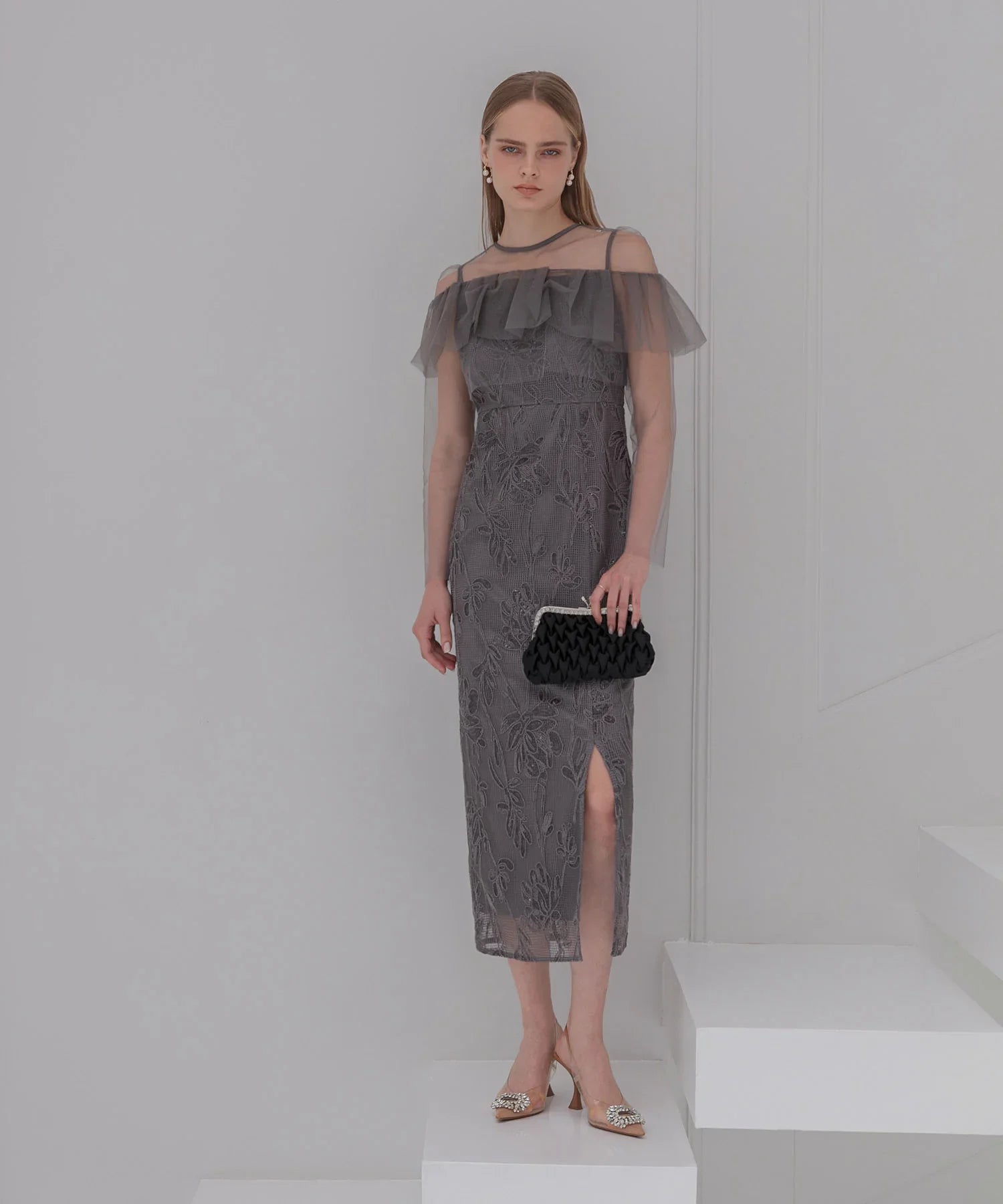 【当日発送】2WAYアシンメトリーフリルチュールフラワーIラインワンピースドレス