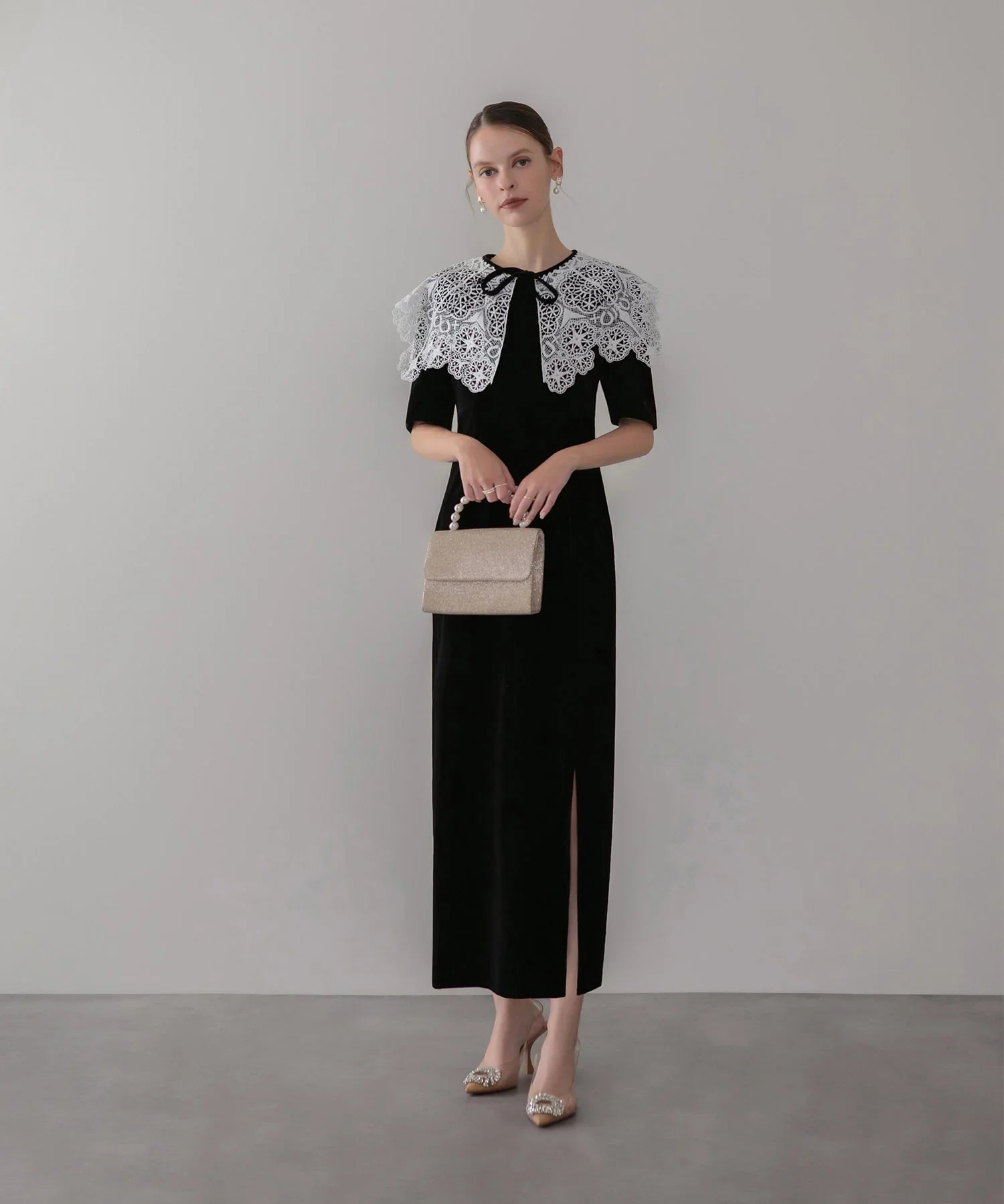 【当日発送】レースカラーベロアIラインワンピースドレス