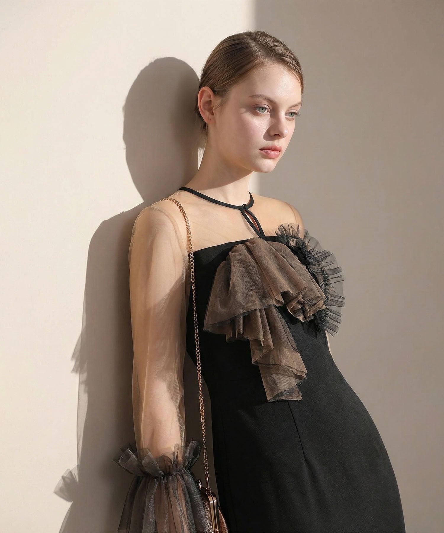 【当日発送】チュールフリルスリーブIラインワンピースドレス