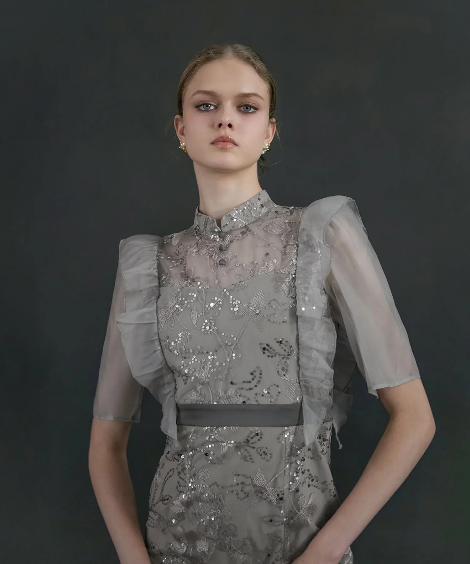 【当日発送】フラワースパンコールシアーフリルIラインワンピースドレス