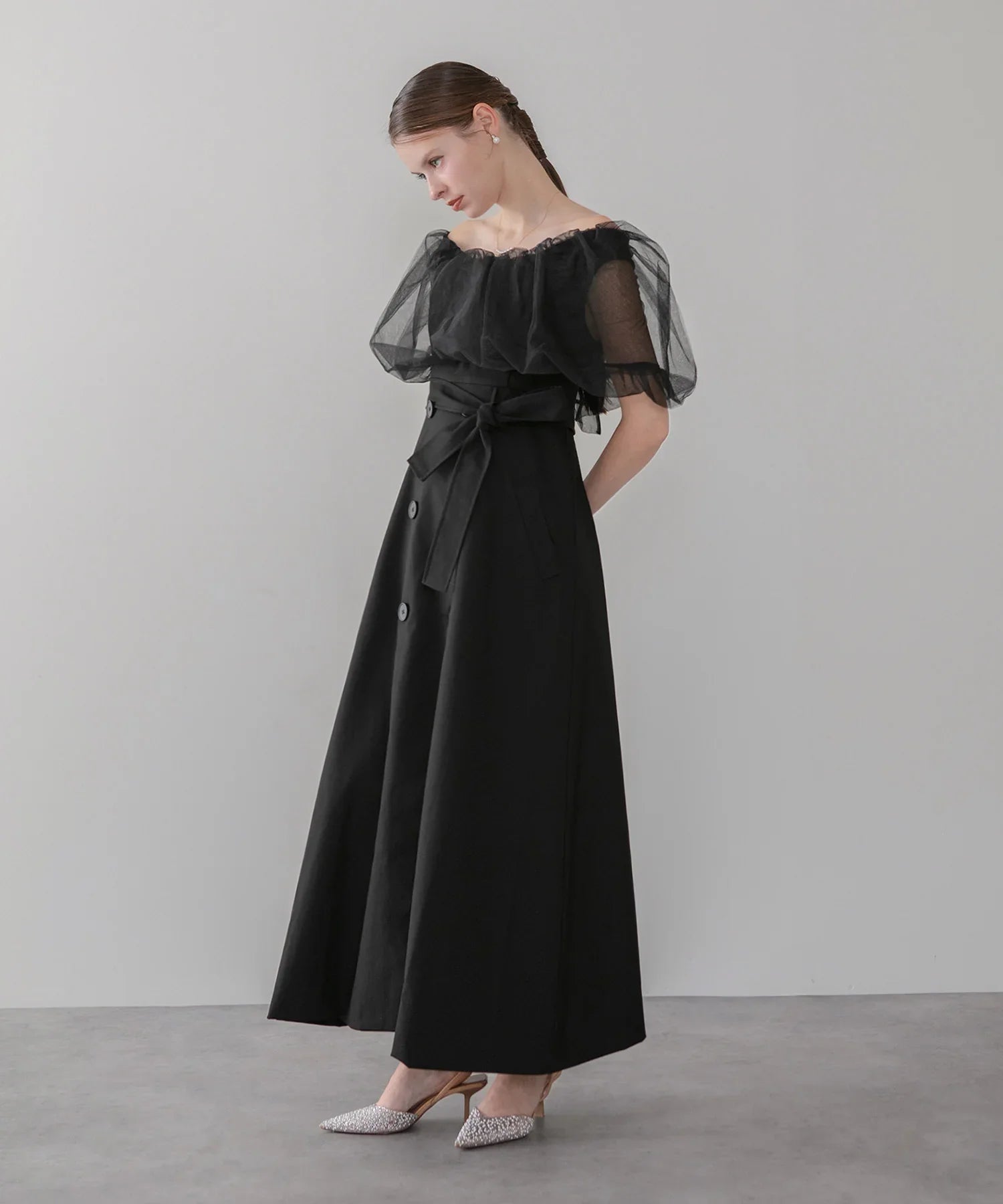 【当日発送】3WAYオフショルチュールトレンチディティールワンピ―スドレス