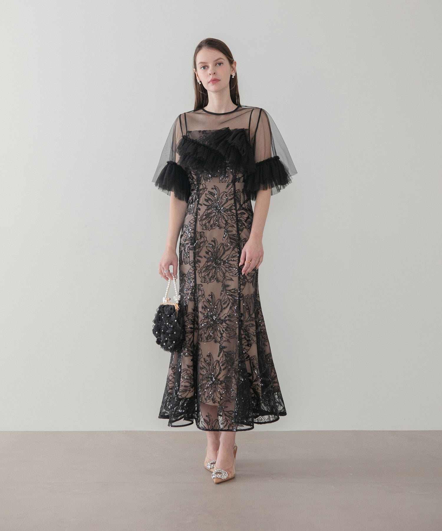 【当日発送】チュールフリルスリーブスパンコールフラワーマーメイドワンピースドレス