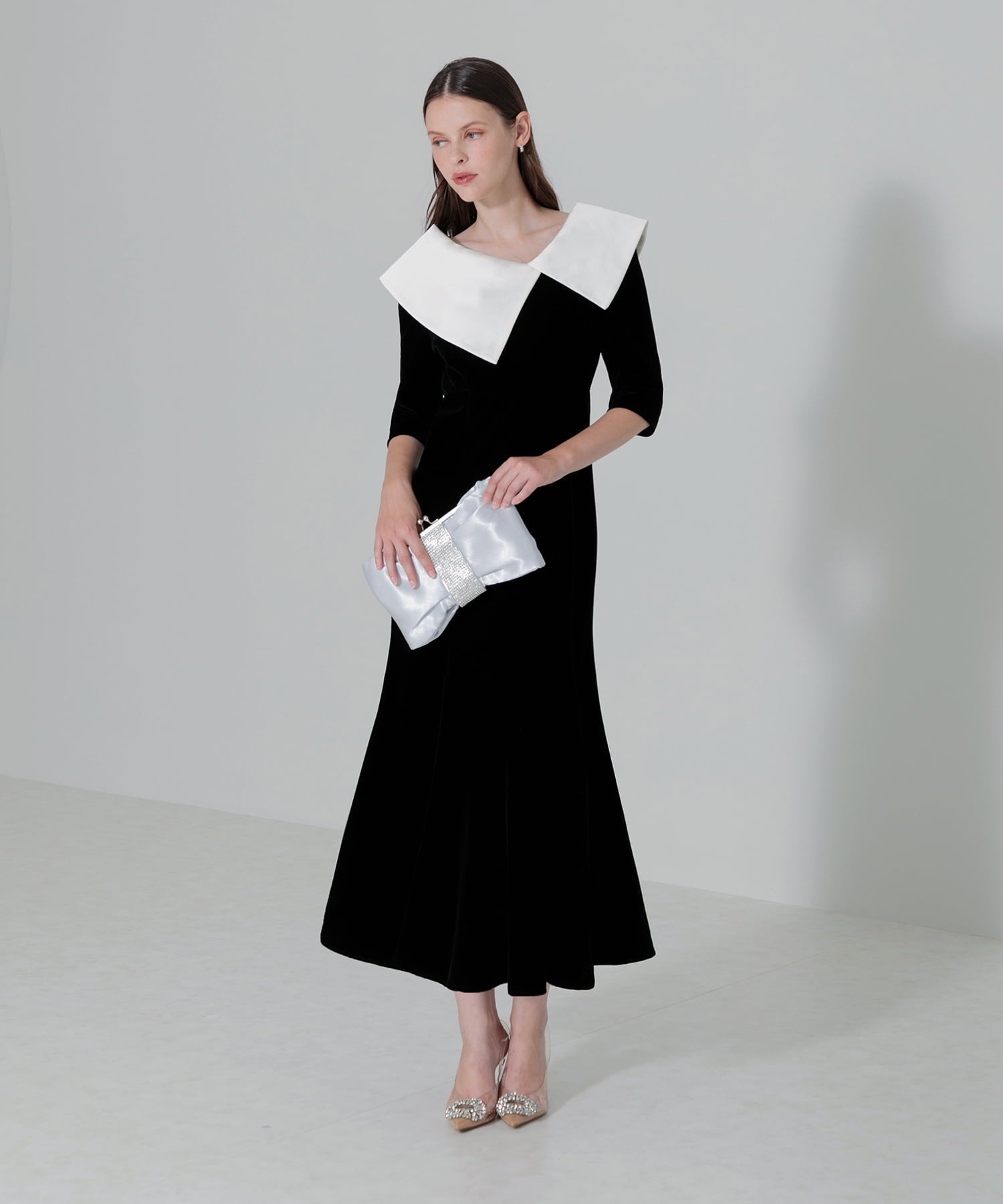 【当日発送】アシンメトリービッグカラーベロアマーメイドワンピースドレス