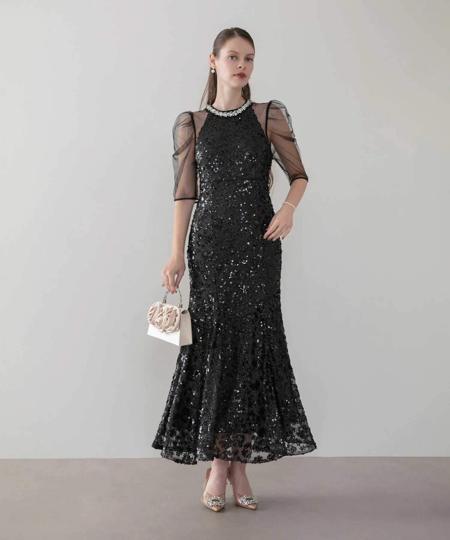 【予約販売】ビジューネックスパンコールシアーマーメイドワンピースドレス