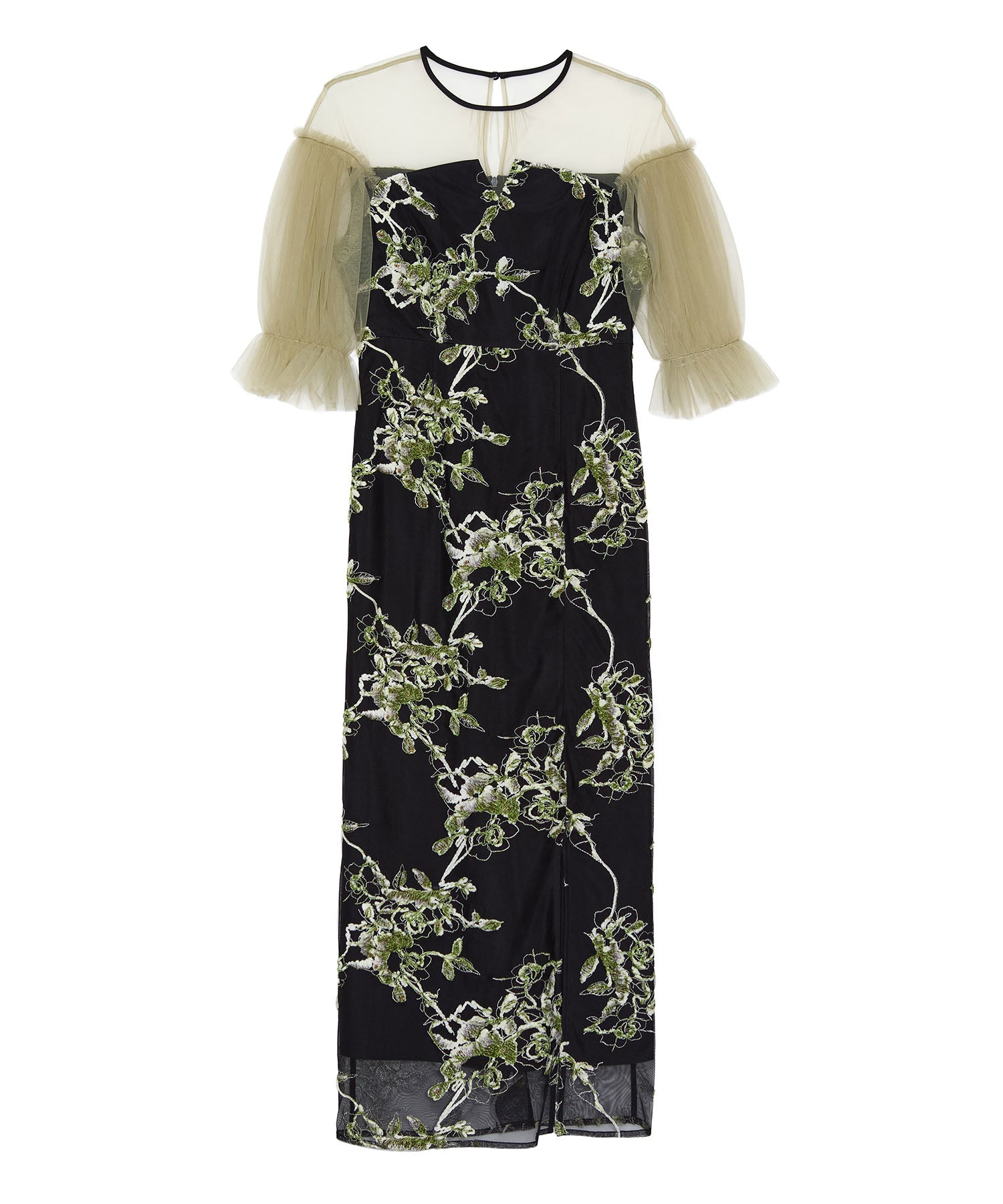 【当日発送】フラワーリリーフマテリアルボリュームスリーブIラインワンピースドレス