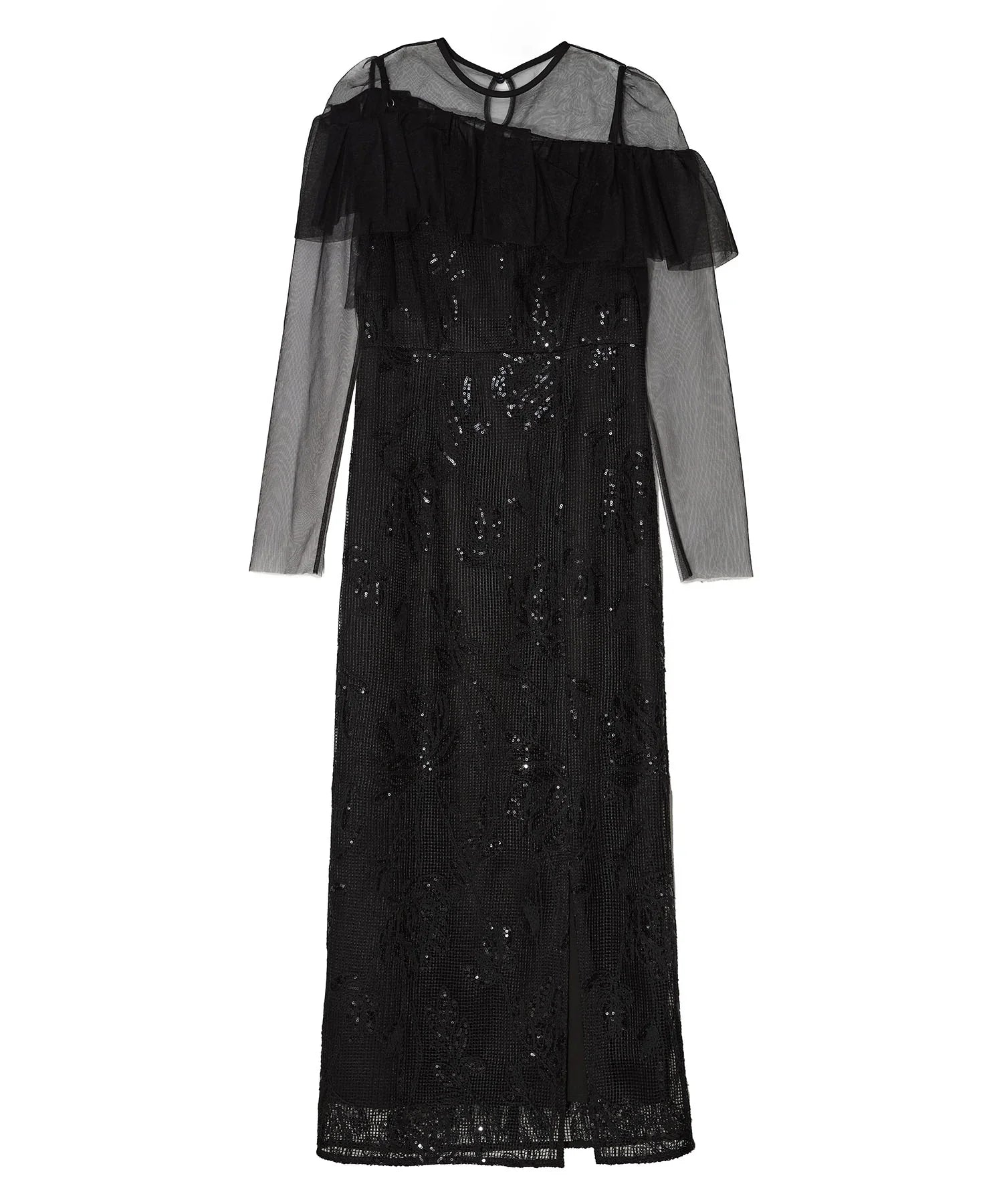 【当日発送】2WAYアシンメトリーフリルチュールフラワーIラインワンピースドレス