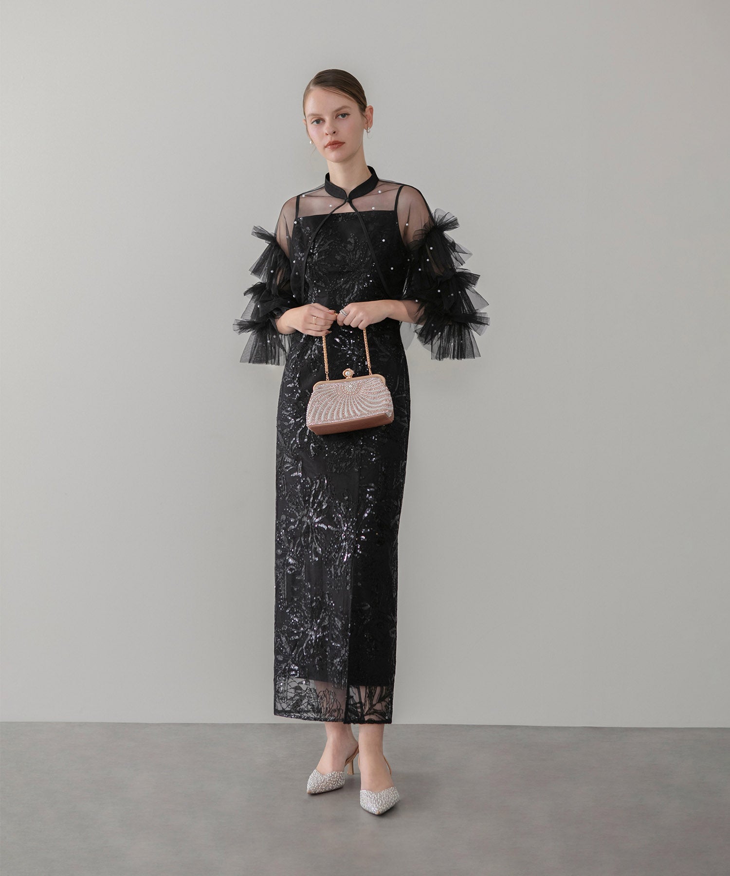 【一部当日発送】パールフリルチュールボレロレイヤードIラインワンピースドレス