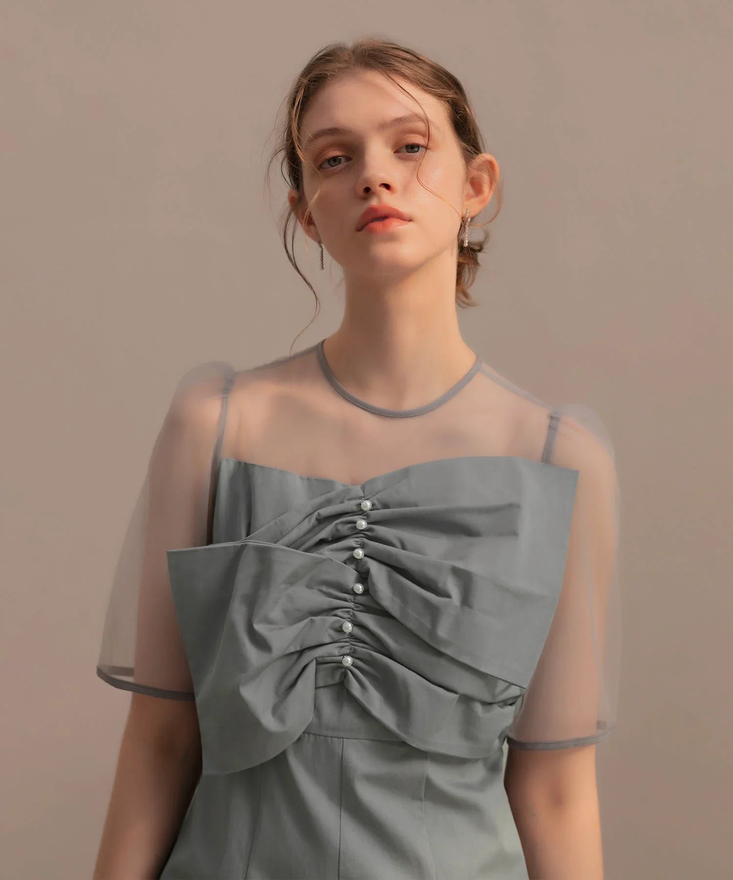 【当日発送】フロントプリーツシアースリーブIラインワンピースドレス