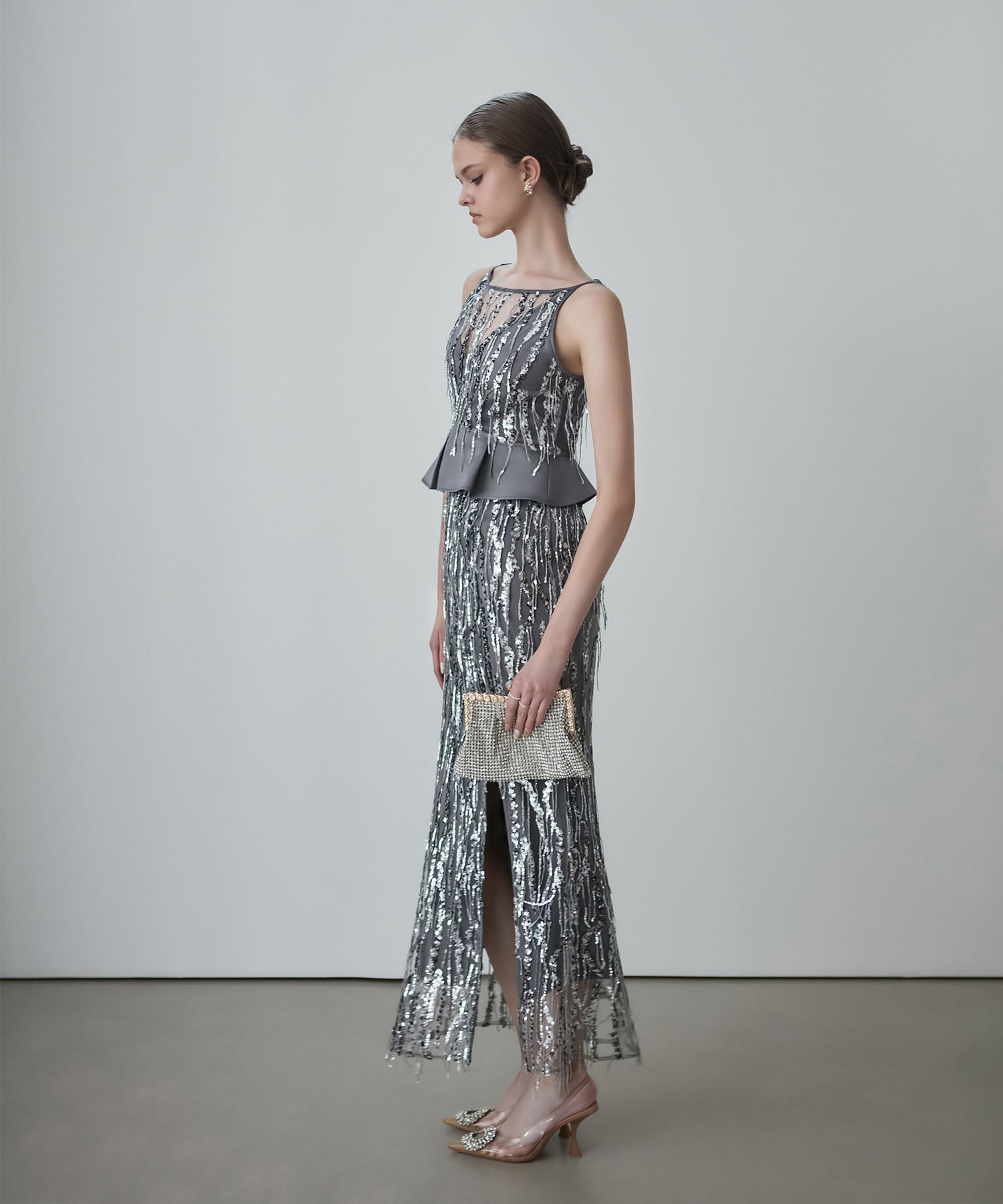 【LEJA LUXE】シルバーフリンジスパンコールペプラムマーメイドドレス