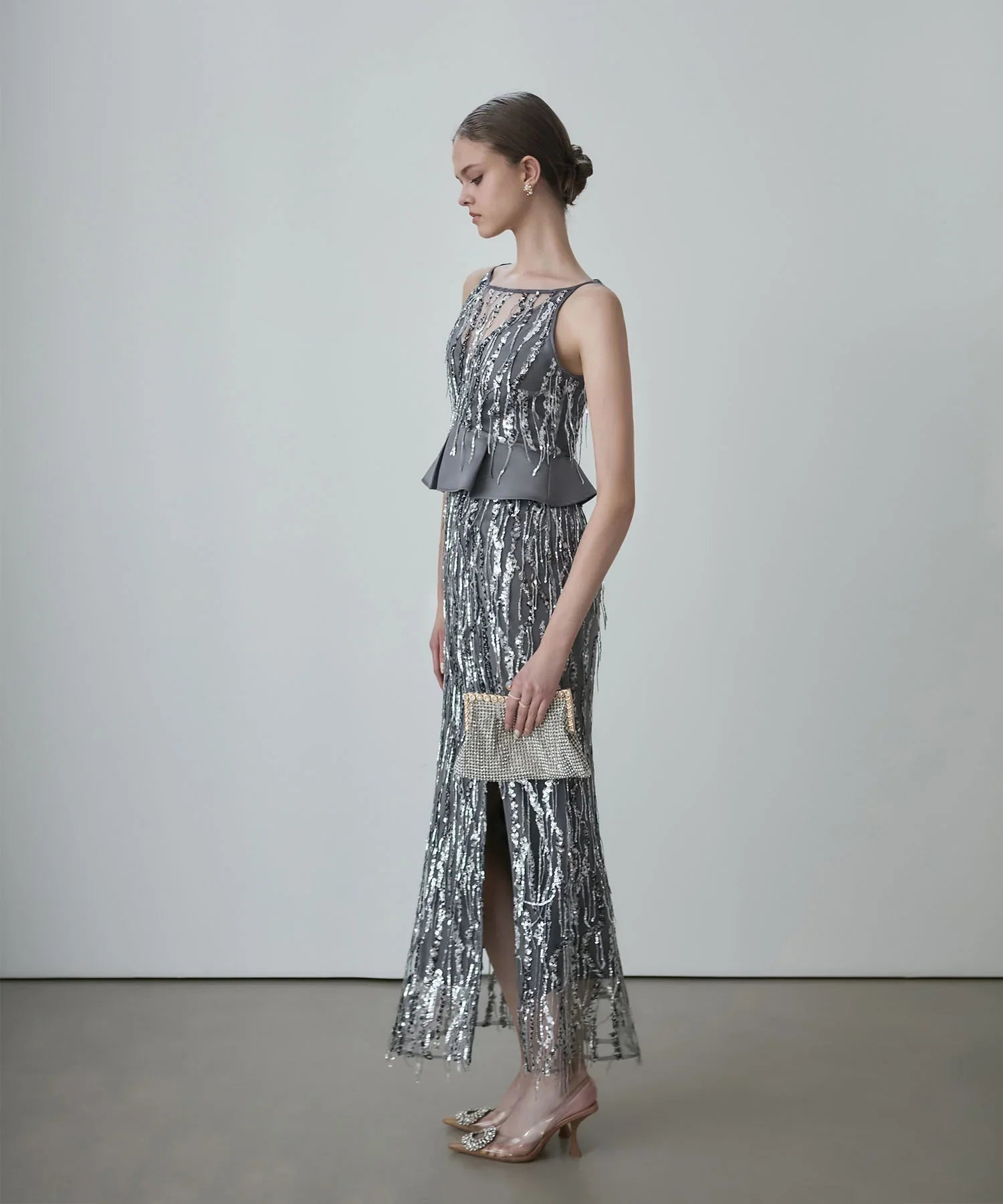 【LEJA LUXE】シルバーフリンジスパンコールペプラムマーメイドドレス