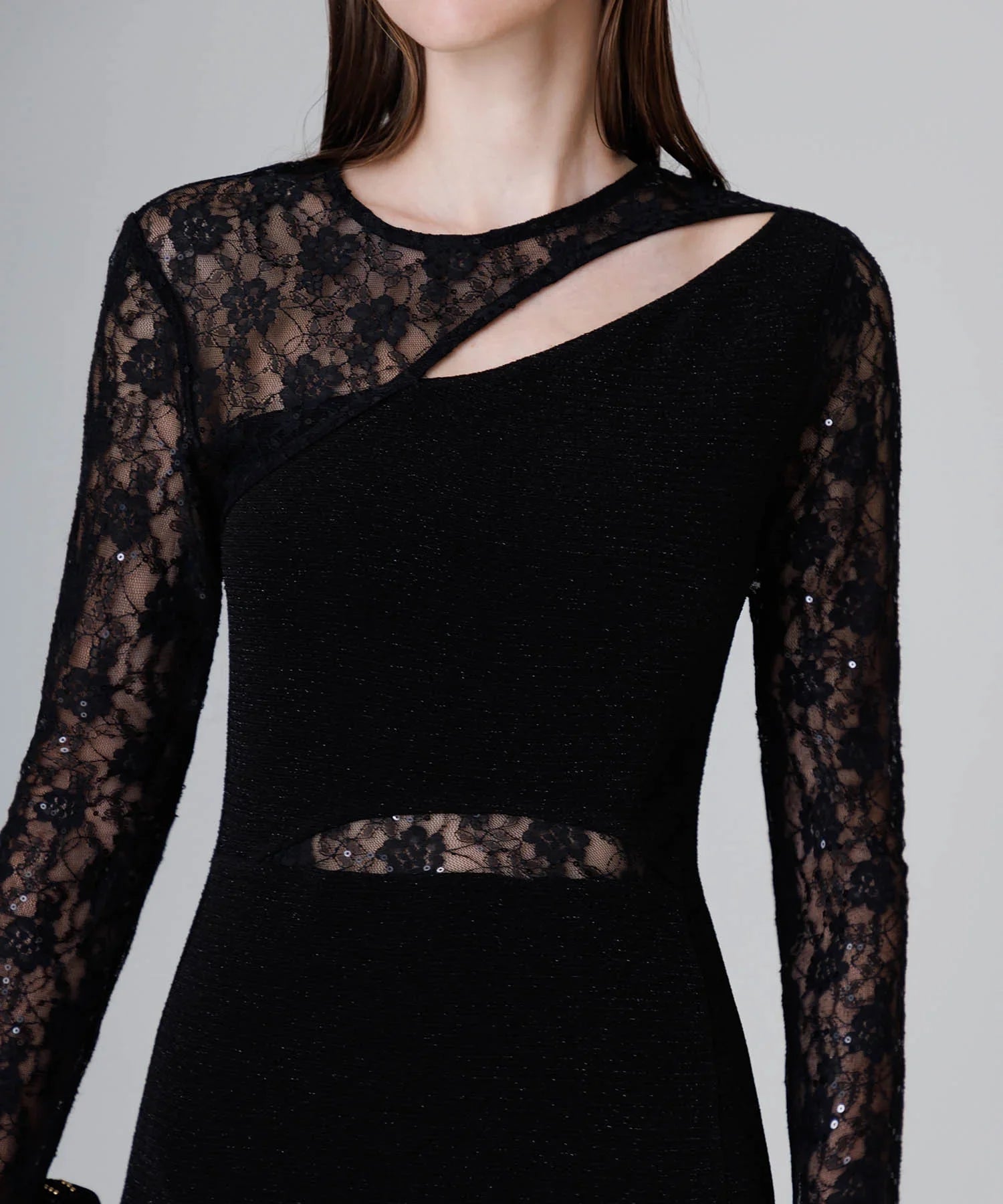 【LEJA LUXE】アシンメトリーレーススリムフィットIラインドレス