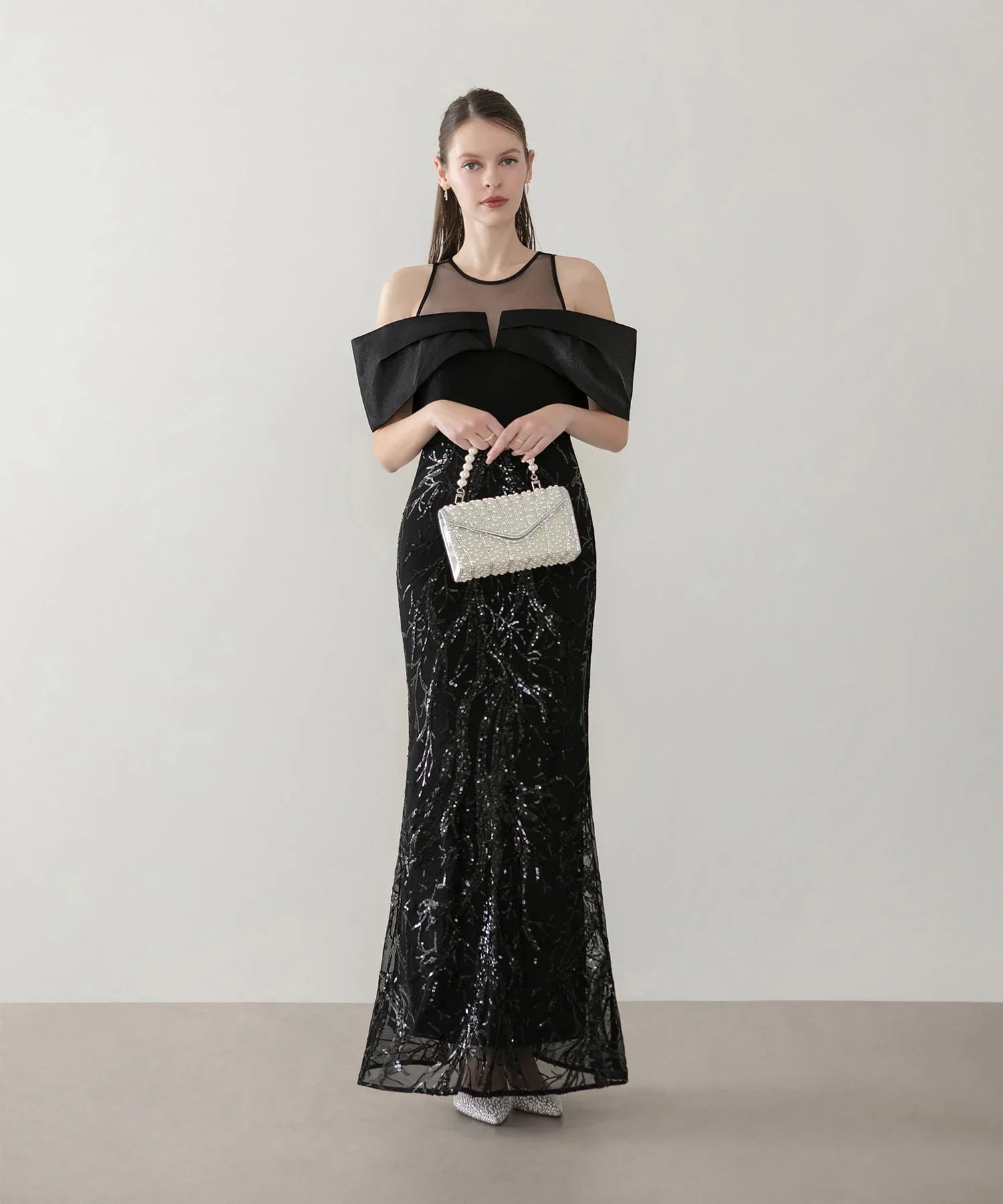 【LEJA LUXE】シースルーオフショルダーデザインスパンコールマーメイドドレス