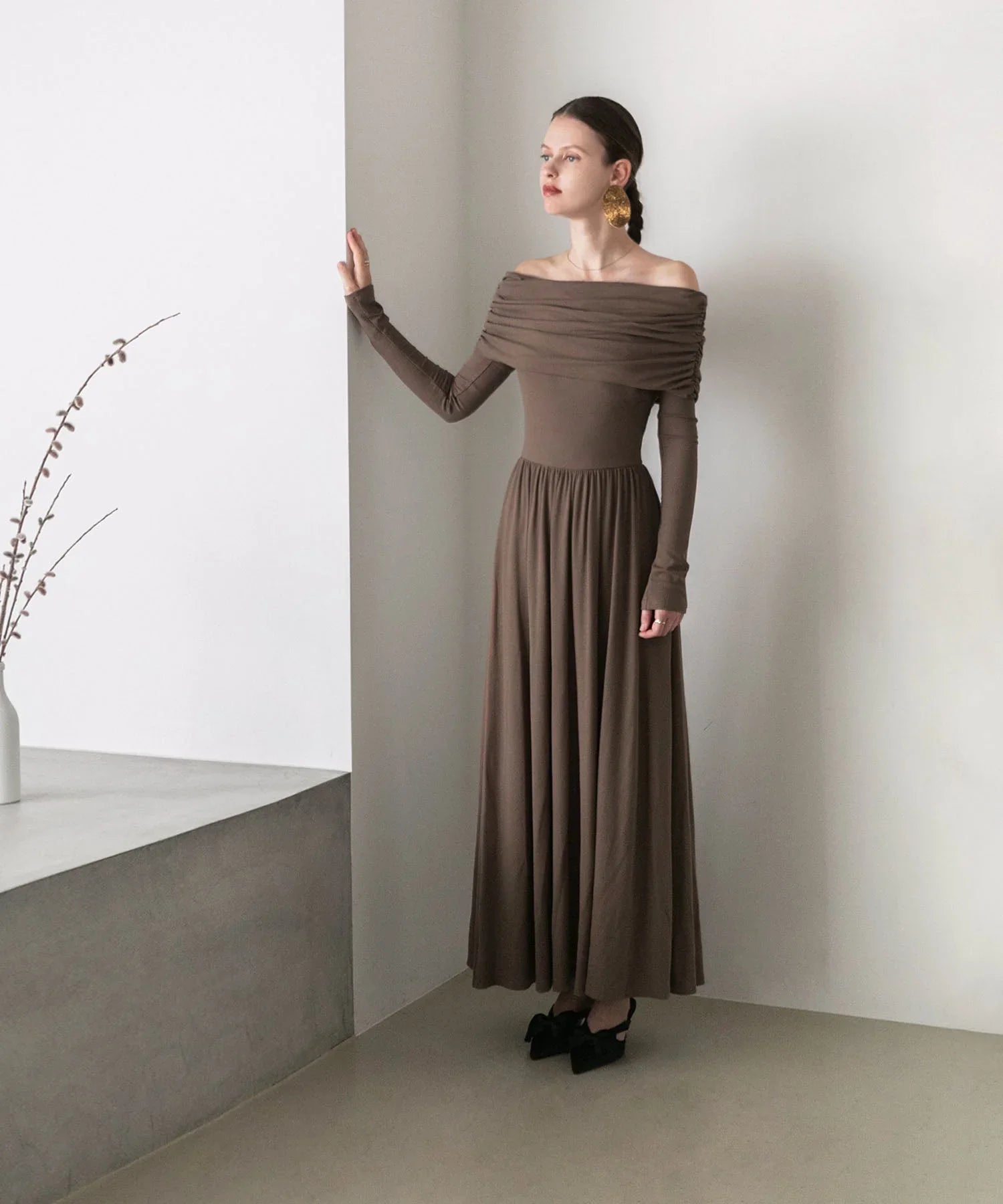 【当日発送】アームカバーオフショルダーリブニットワンピース