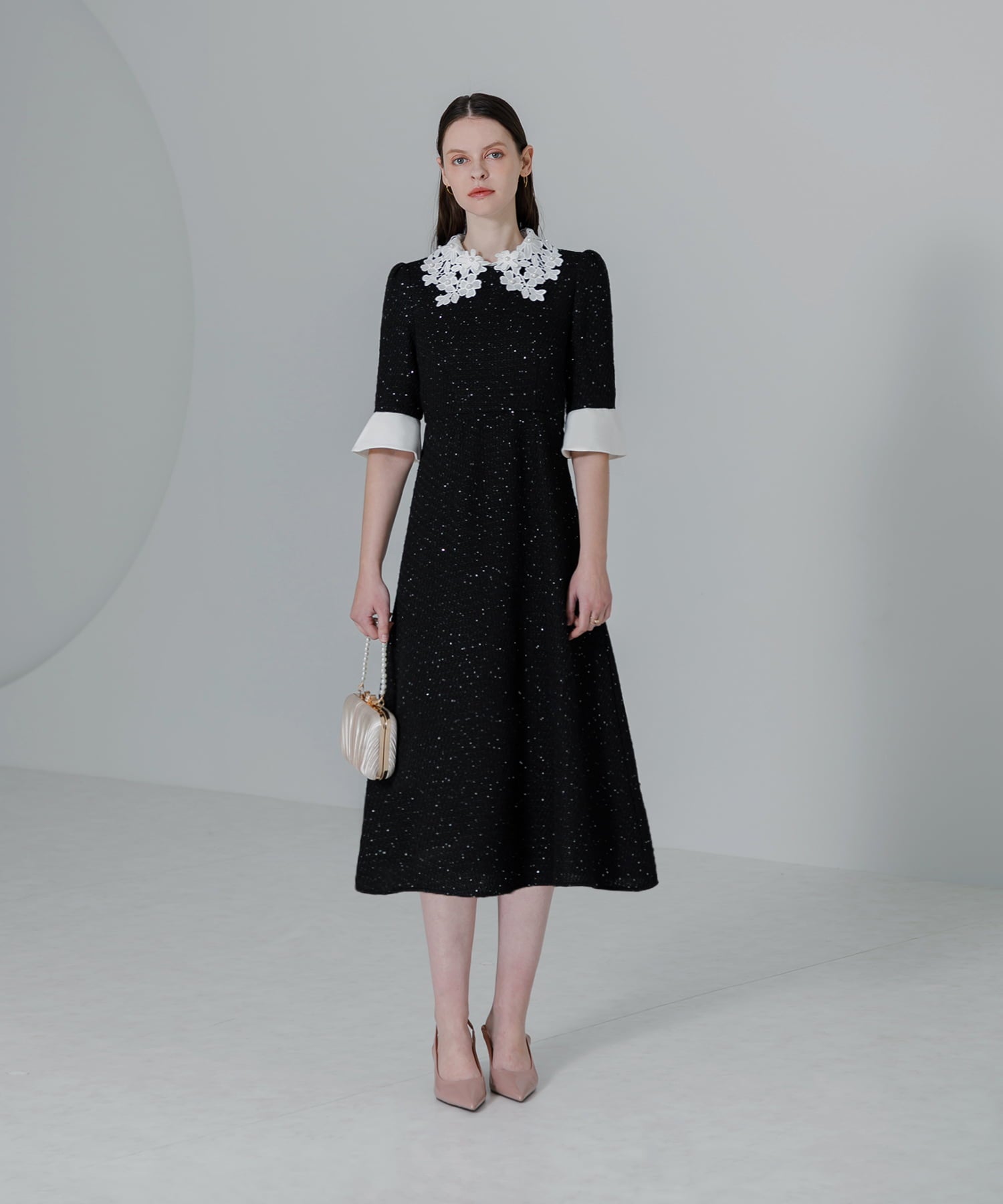 【当日発送】花柄レースカラースパンコールAラインワンピースドレス