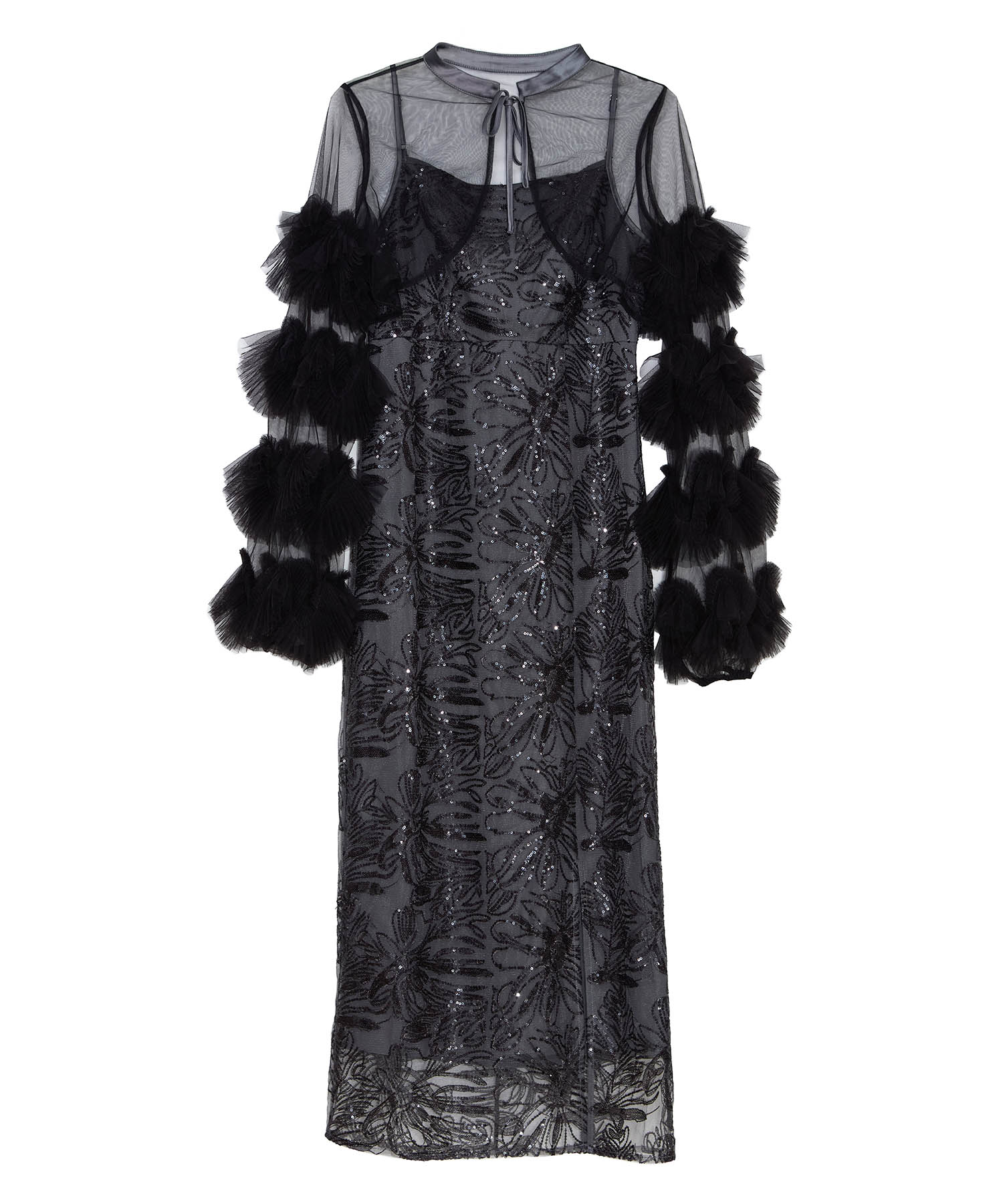 【一部当日発送】フリルチュールスリーブリボンIラインワンピースドレス