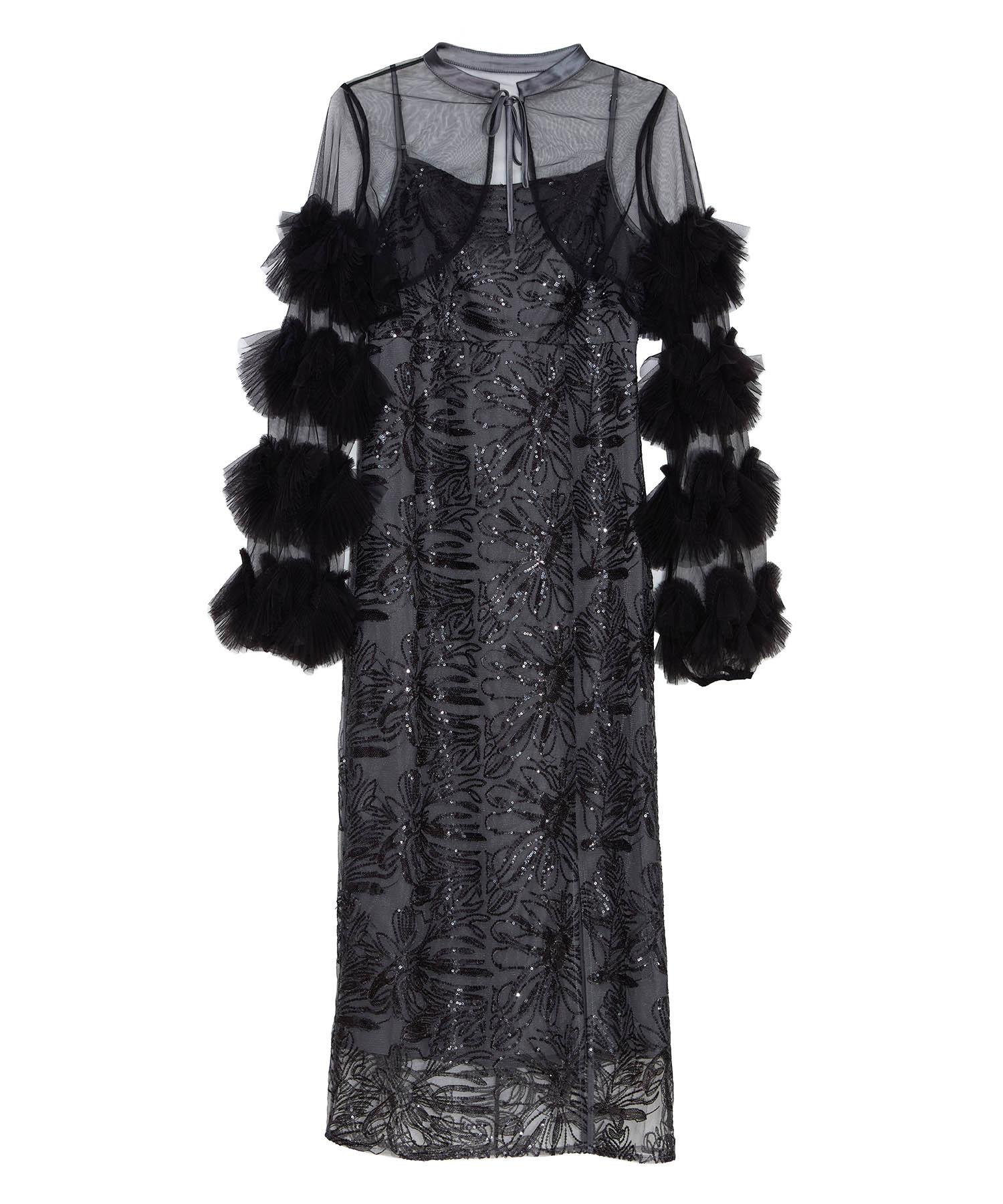 【一部当日発送】フリルチュールスリーブリボンIラインワンピースドレス