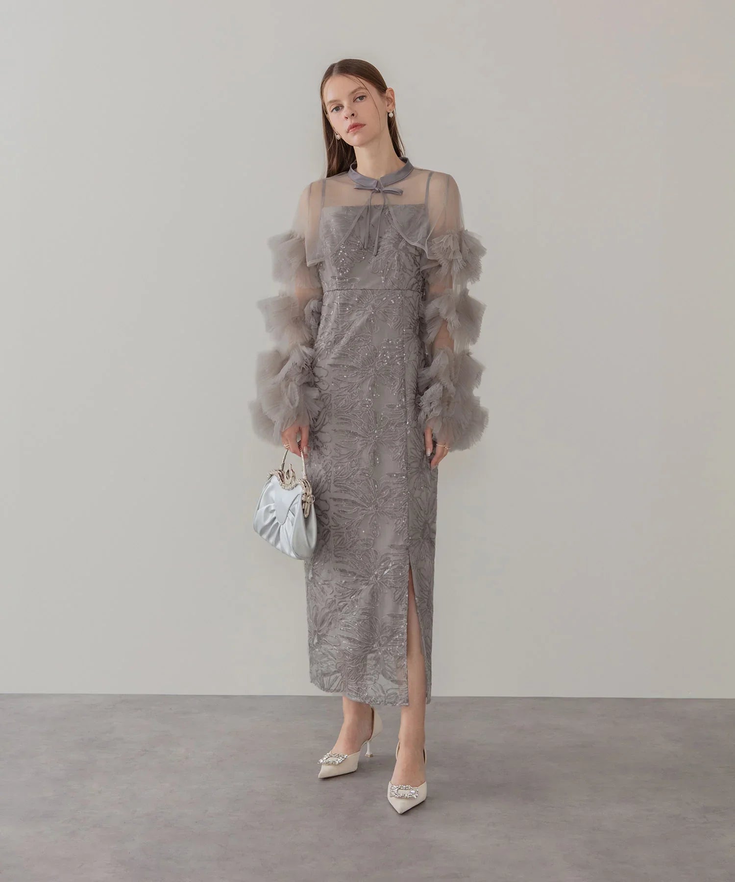 【一部当日発送】フリルチュールスリーブリボンIラインワンピースドレス