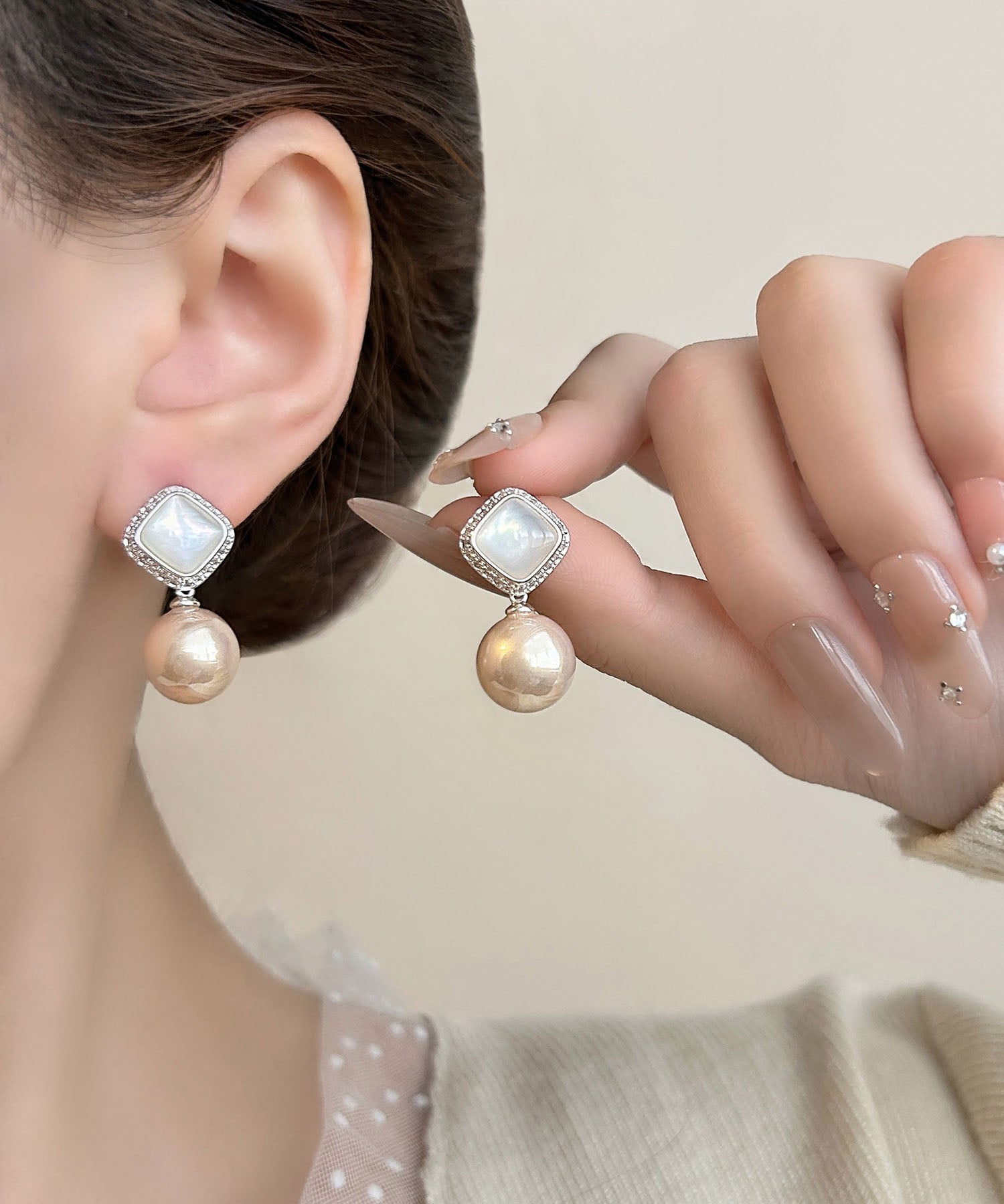 【当日発送】スクエアビジューストーンエッジドロップパールピアス