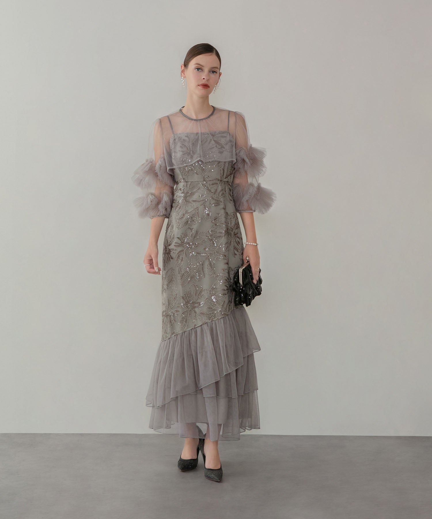 【一部当日発送】フラワースパンコールチュールフリルスリーブIラインワンピースドレス