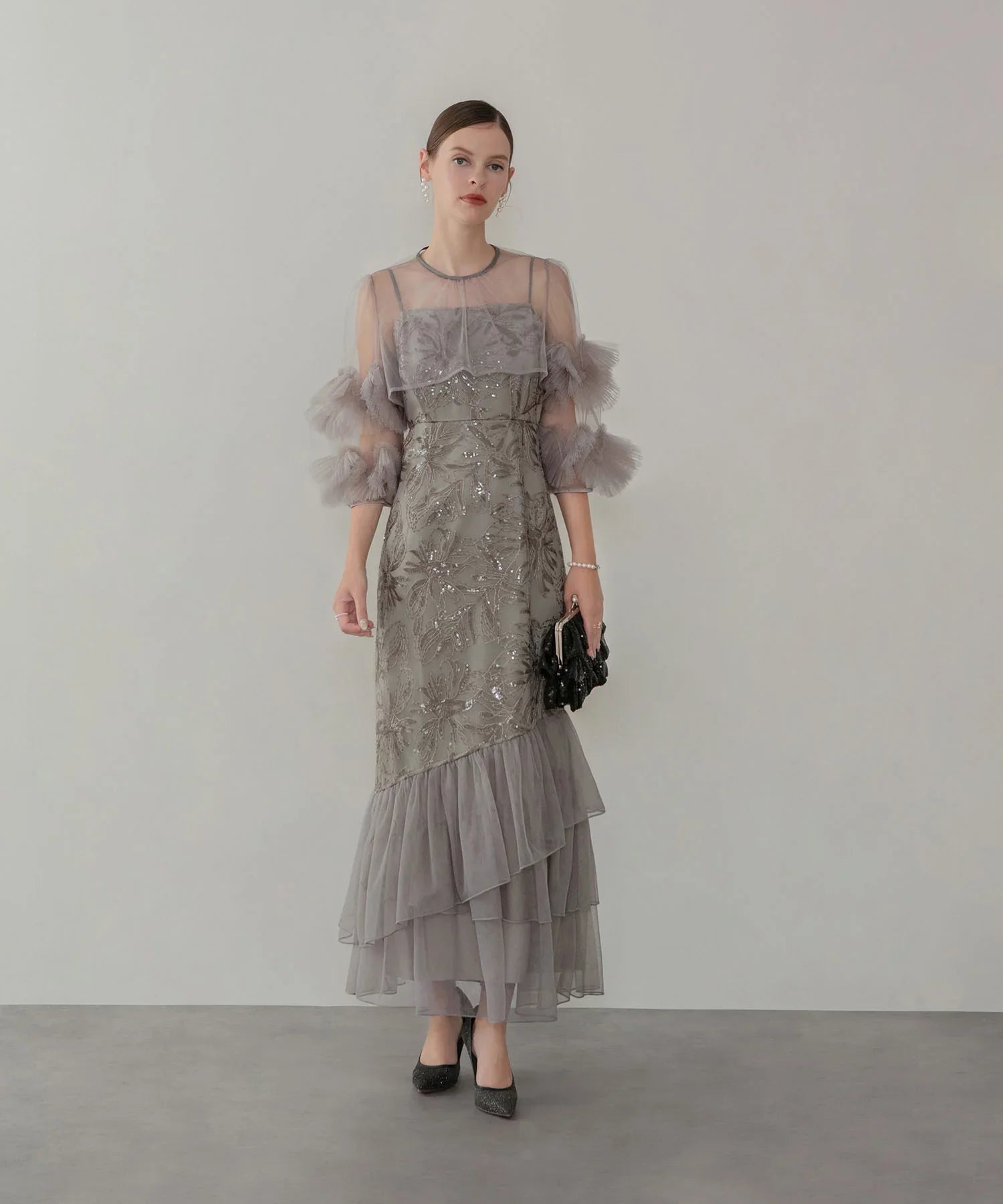 【一部当日発送】フラワースパンコールチュールフリルスリーブIラインワンピースドレス